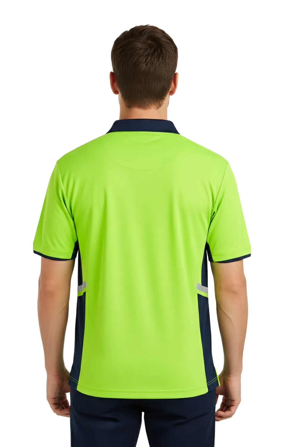 Man wearing a lime green and navy blue Sportiv Dry Fit polo shirt with short sleeves, back view