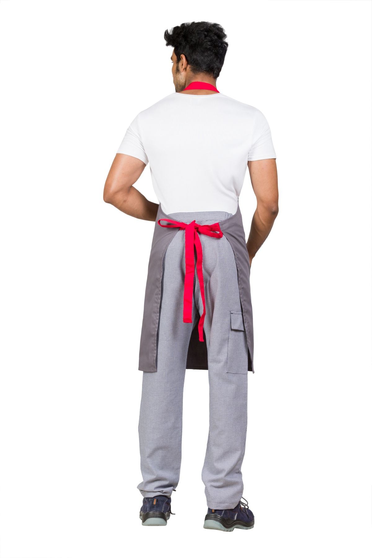 Gordon Kitchen Bib Apron, cotton blend twill, features pockets, gray with red accents, suitable for food service.