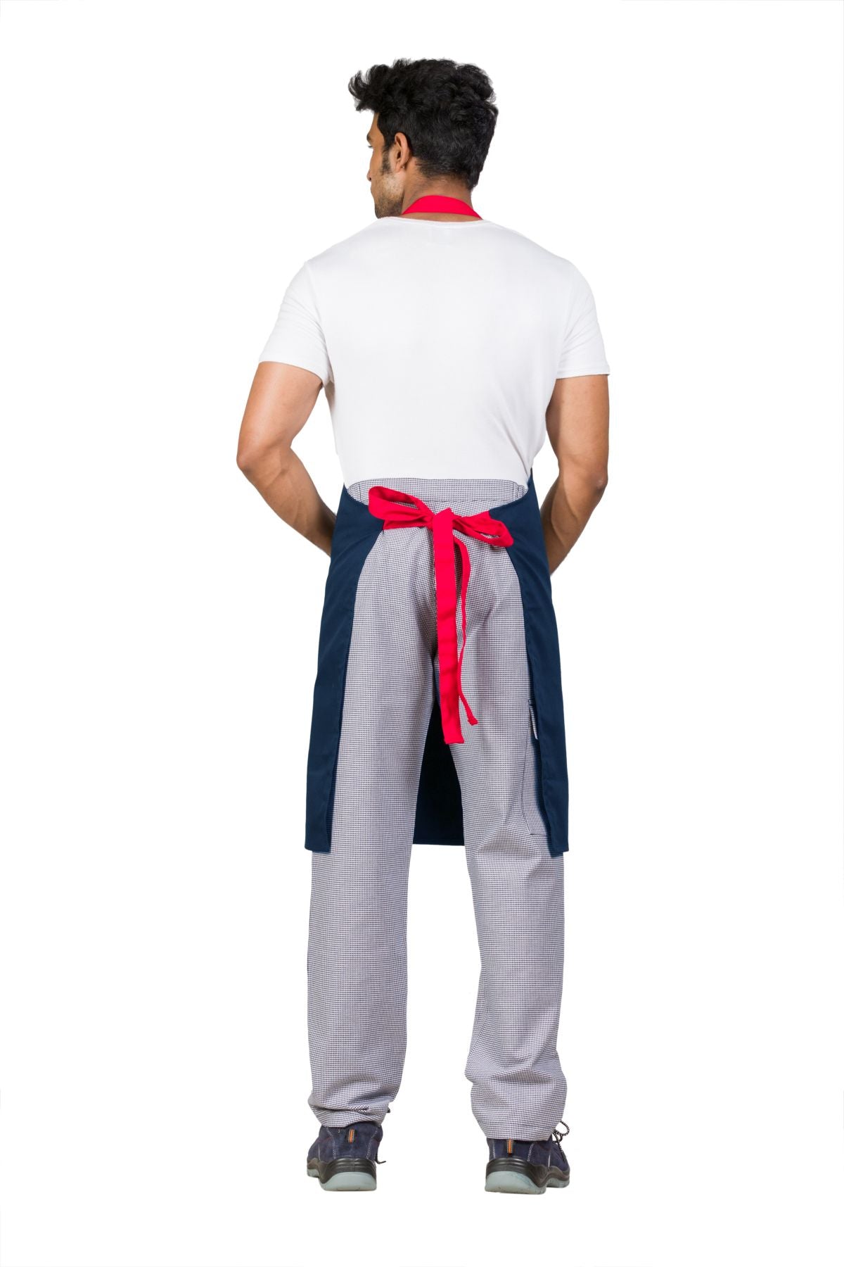 Gordon Kitchen Bib Apron, cotton blend twill, features pockets, navy with red straps, suitable for food service.
