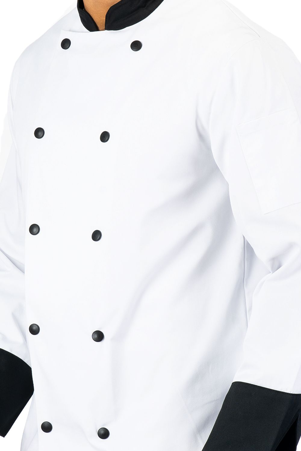 White chef jacket with black buttons, black collar, and black sleeve cuffs, worn by a model, no pockets visible