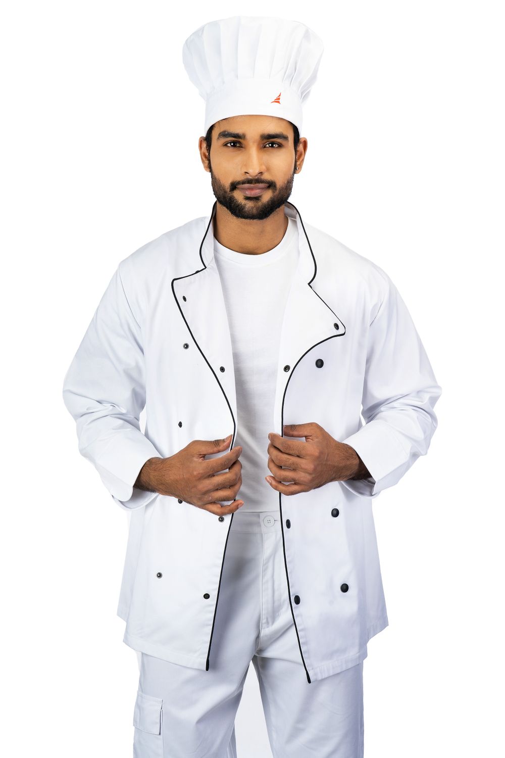 Aristo Chef Jacket, All White, Cotton Blend Twill, featuring black piping and buttons, worn by a male model.
