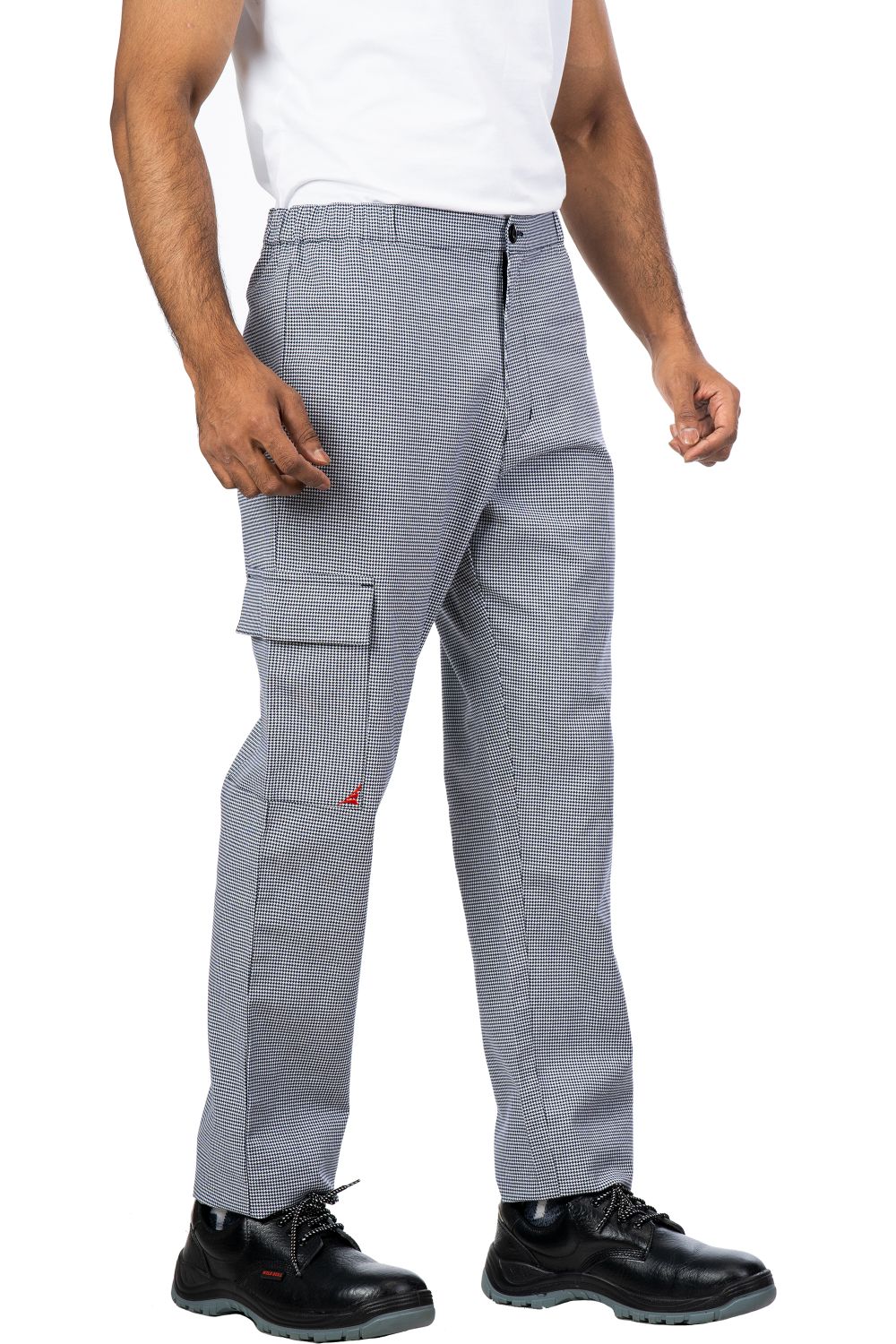 Men's Aristo houndstooth chef trousers in black and white cotton blend twill, side cargo pocket, worn by model front view