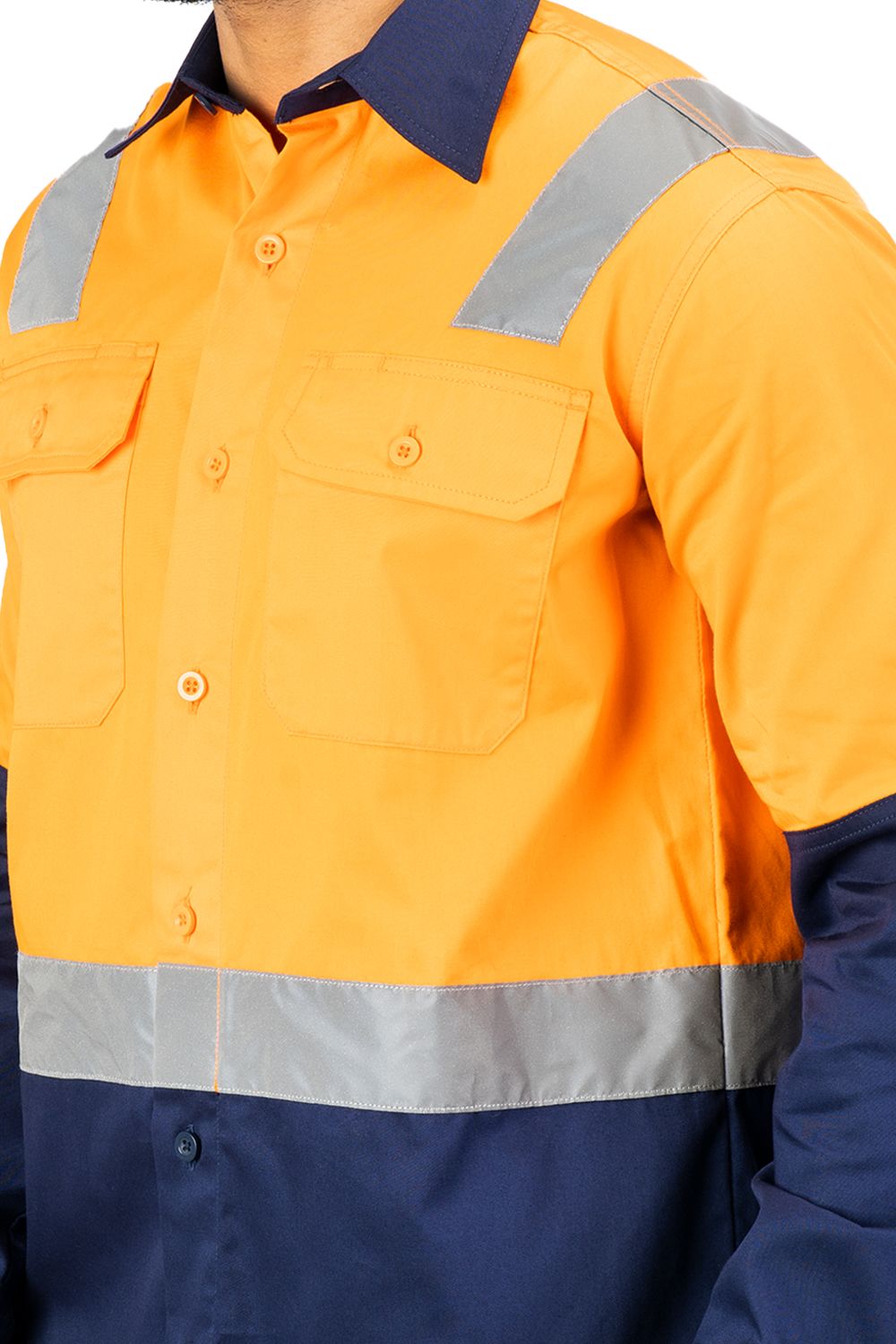 Mirage Industrial Work Shirt, reflective PC blend twill, orange and navy, features two chest pockets and reflective strips.