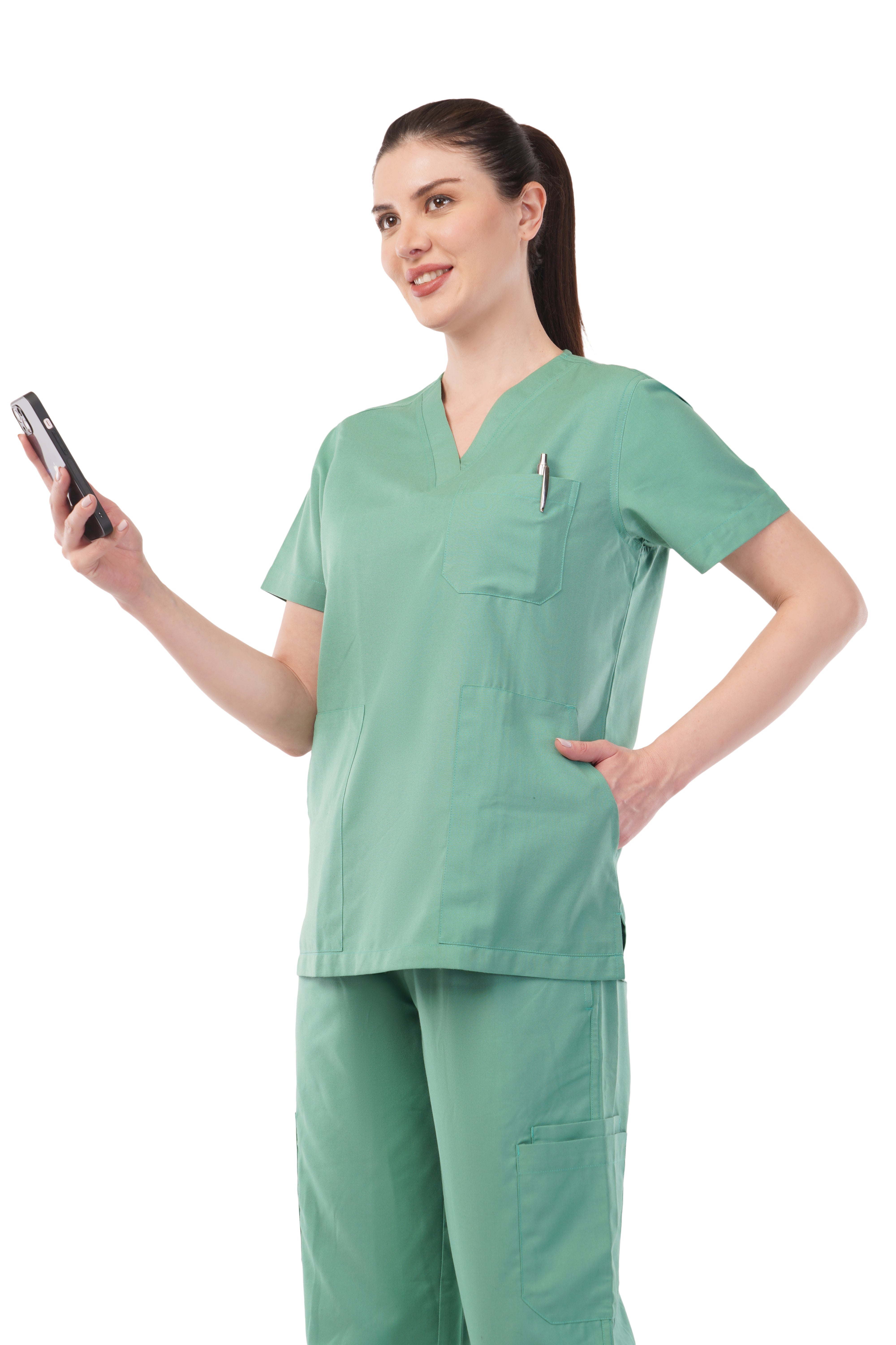 Solico Classic Scrub Set in green, made of polyester viscose, featuring a top with pockets and matching pants.