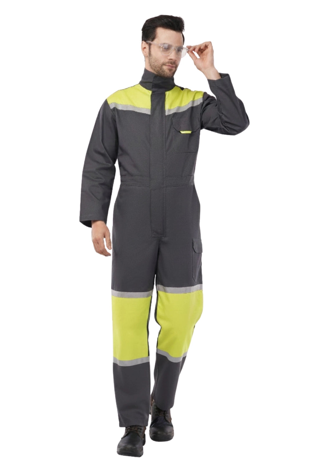 Man wearing gray and yellow fighter coverall with reflective strips, front view, long sleeves, chest and thigh pockets