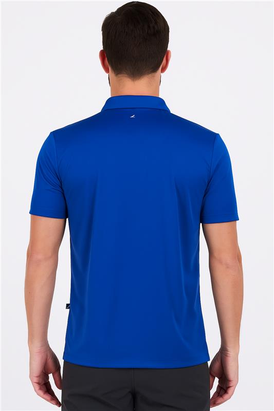 Man wearing a blue short-sleeve Colorado Dry Fit polo shirt with a collar, back view