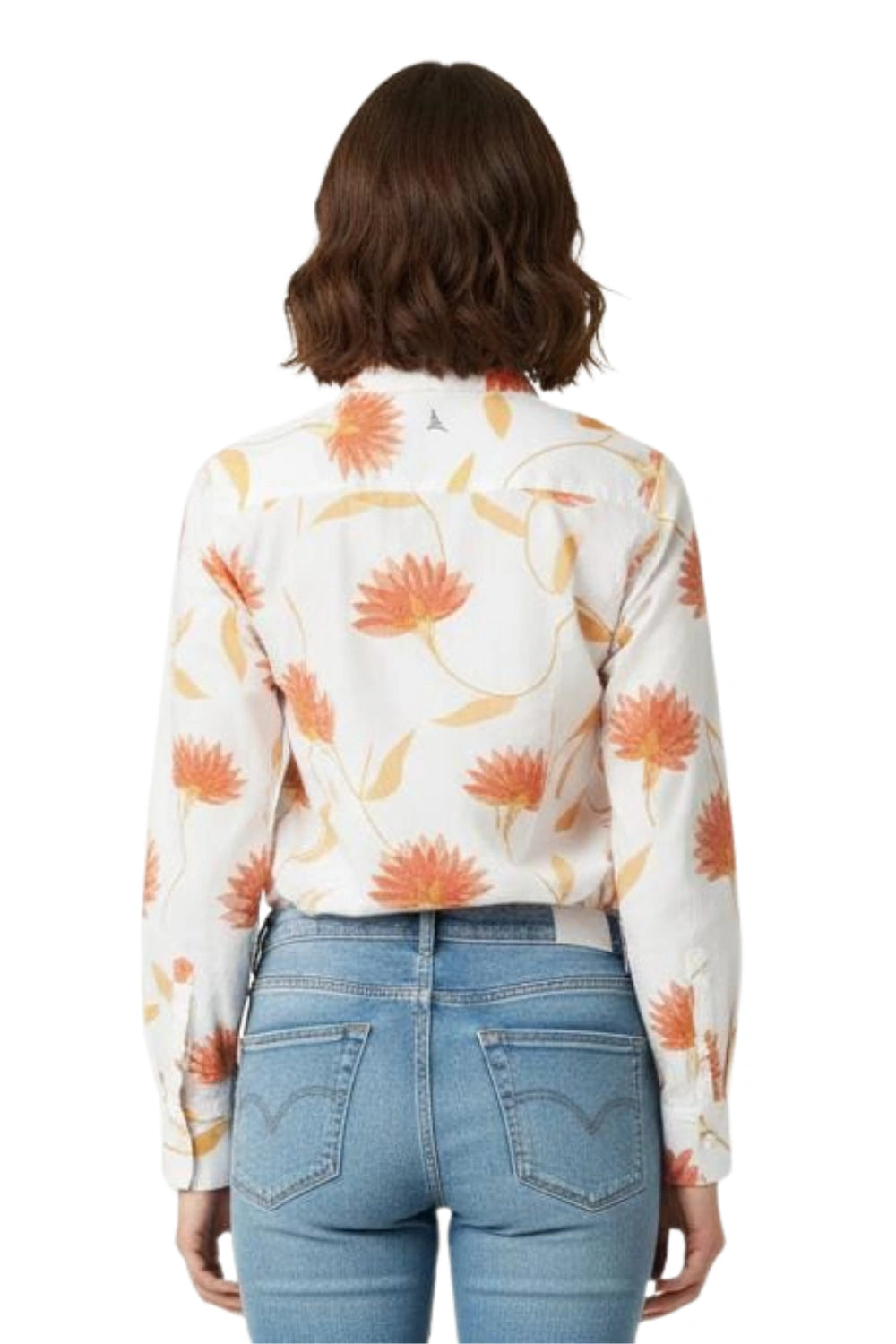 Woman wearing a white long-sleeve cotton shirt with orange floral print, shown from the back