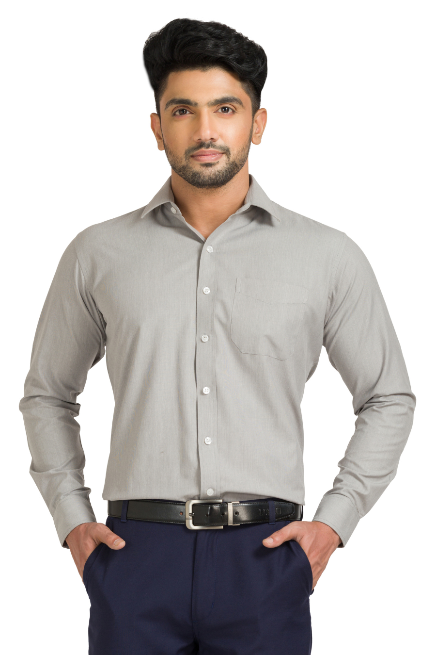 Torino Classic Fit Shirt in cotton-rich fabric, light gray, features a chest pocket and button-down front.