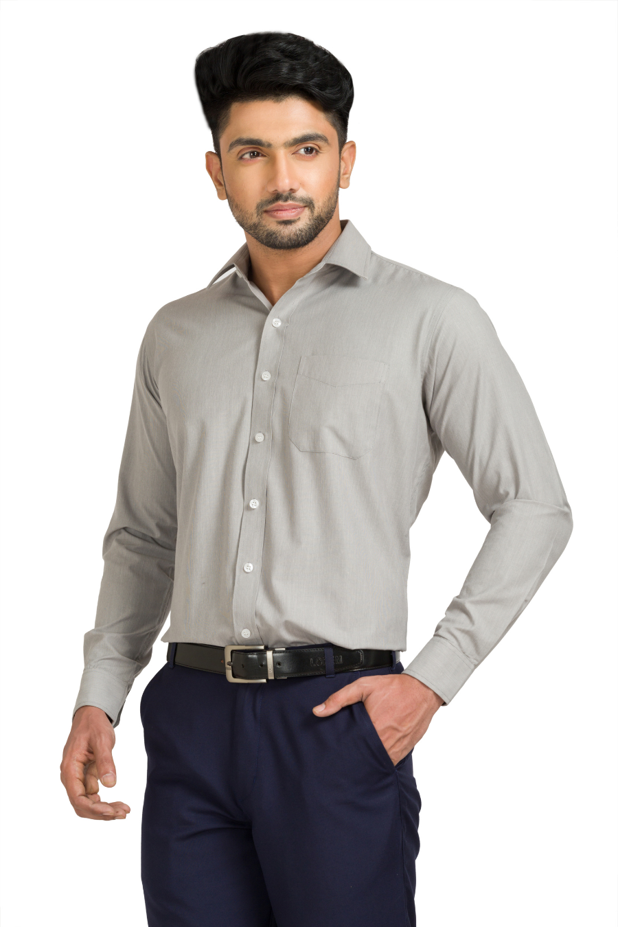 Torino Classic Fit Shirt in cotton-rich fabric, light gray color, featuring a chest pocket and long sleeves.