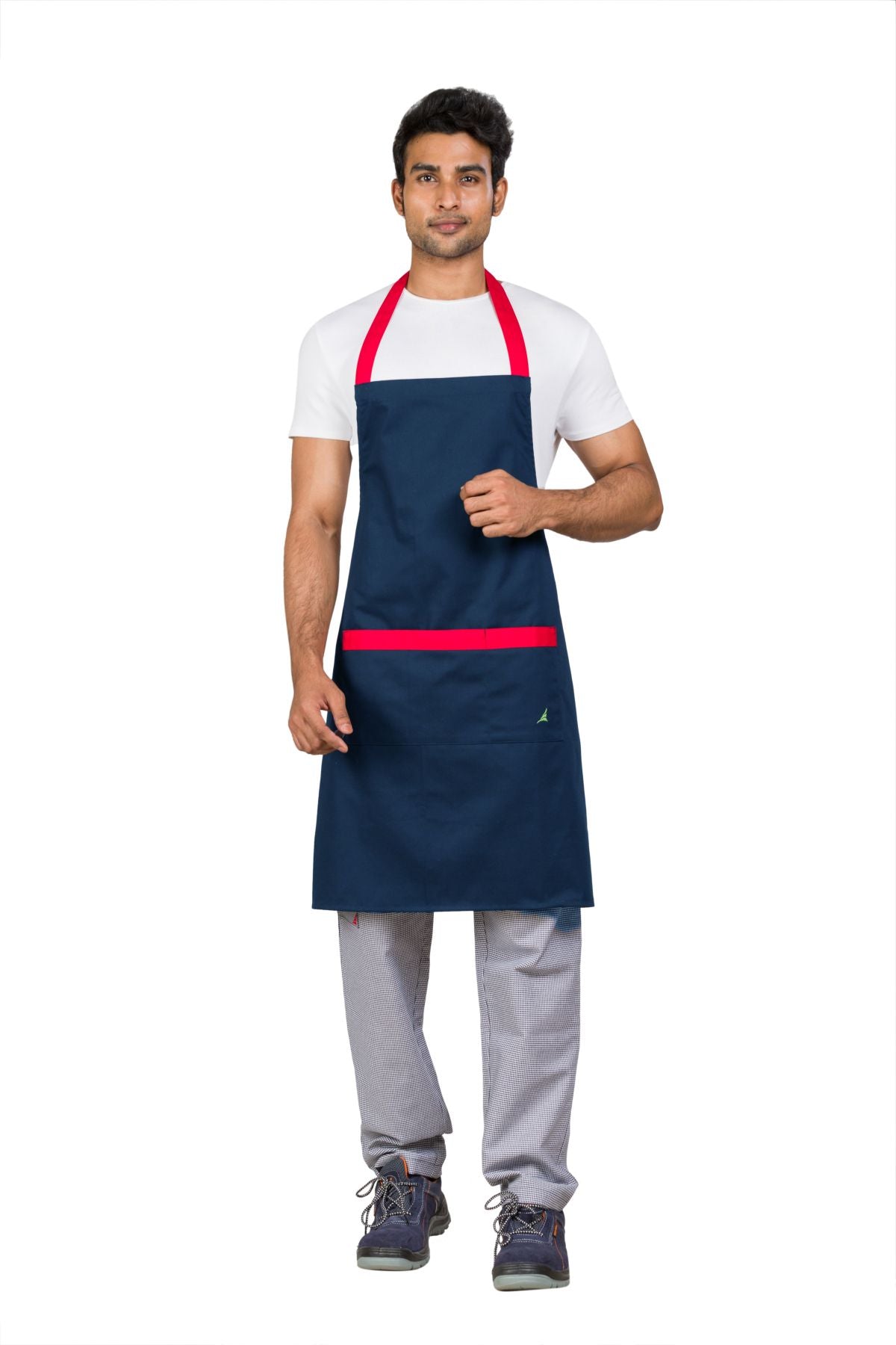 Gordon Kitchen Bib Apron, cotton blend twill, navy with red straps, features pockets for convenience.