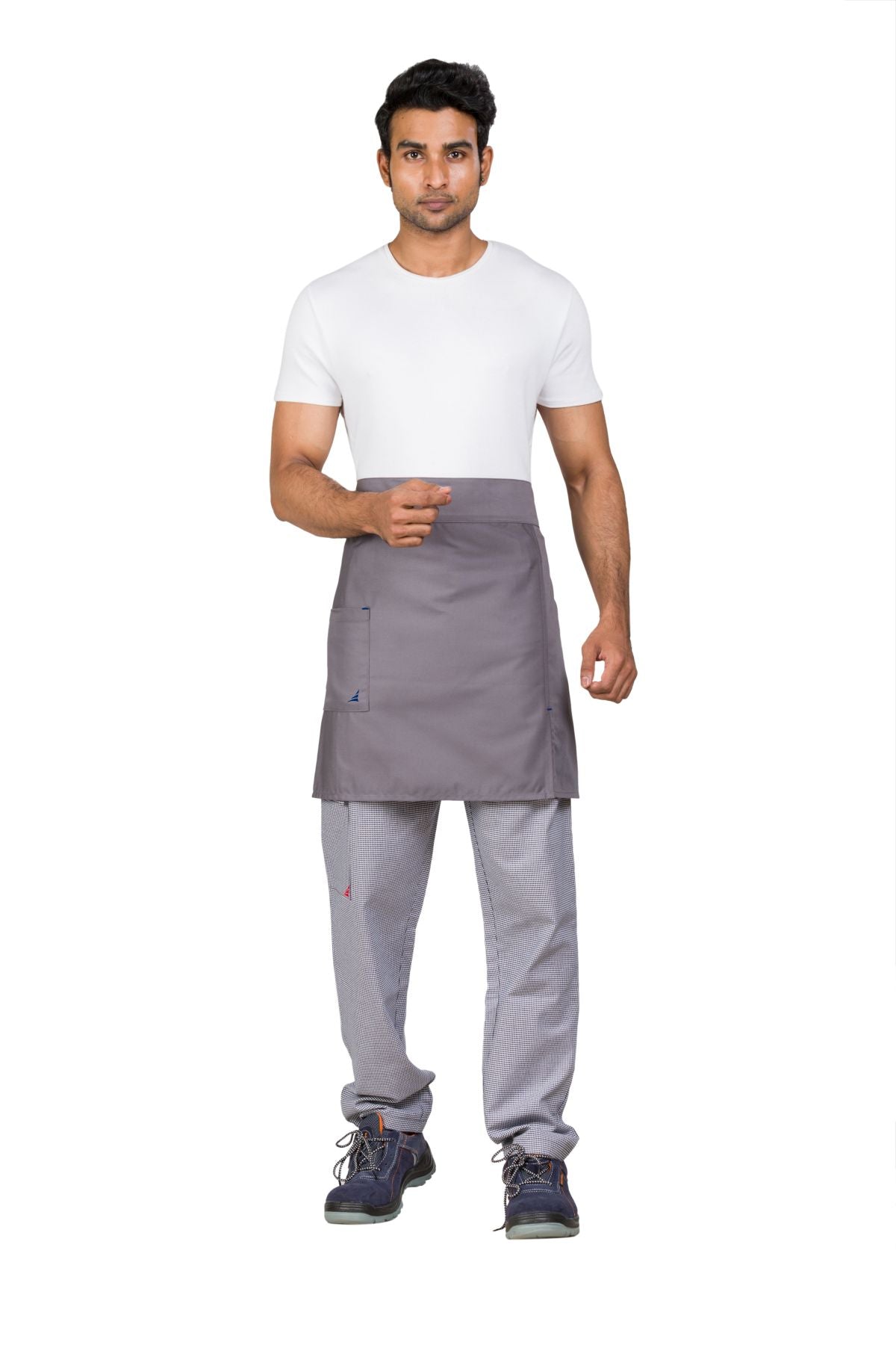 Limmon Pearl Grey Waist Apron with pockets, made of cotton blend twill, worn by a model in a white shirt.