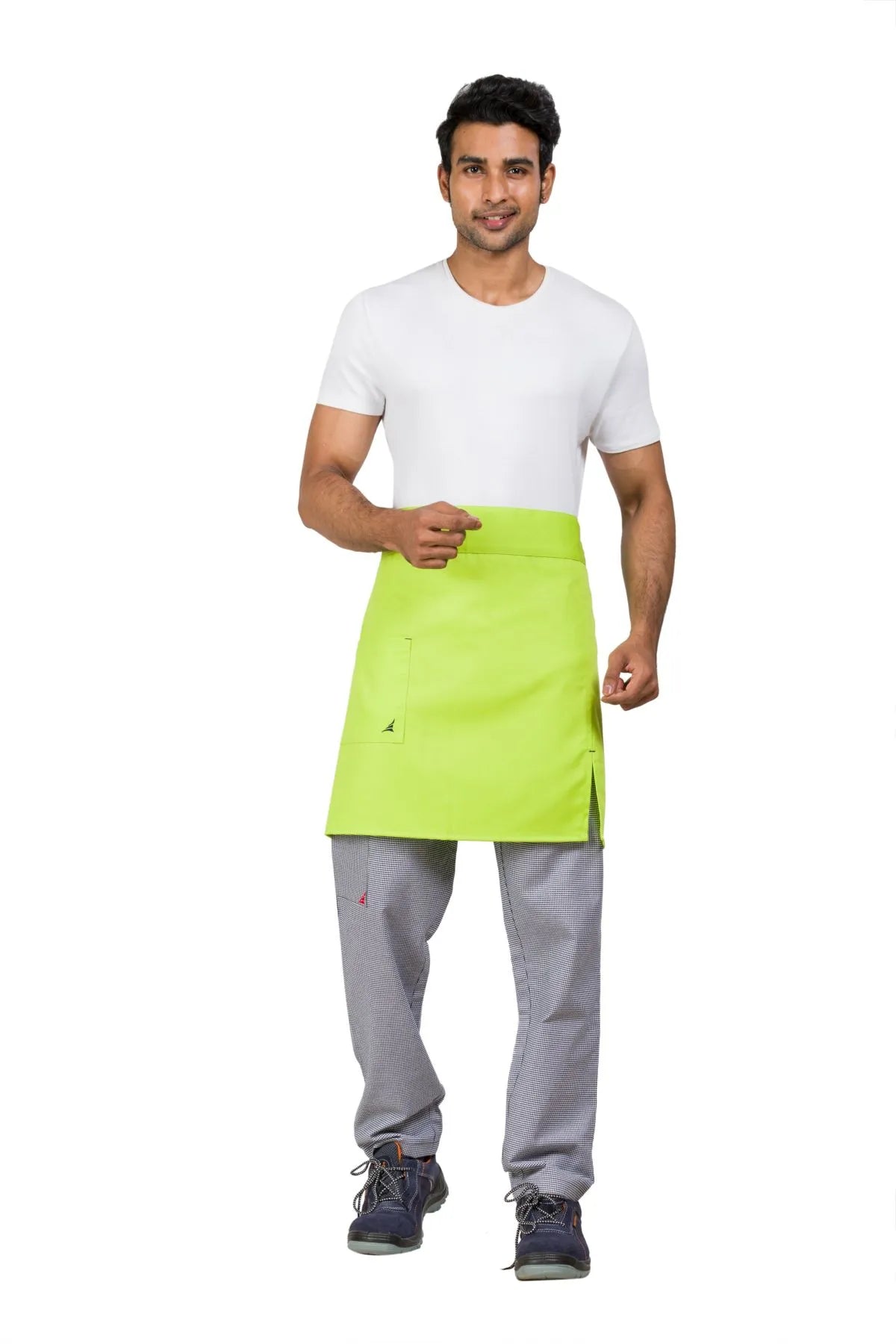 Man wearing lime green waist apron with front pocket and side slit over checkered pants and white t-shirt