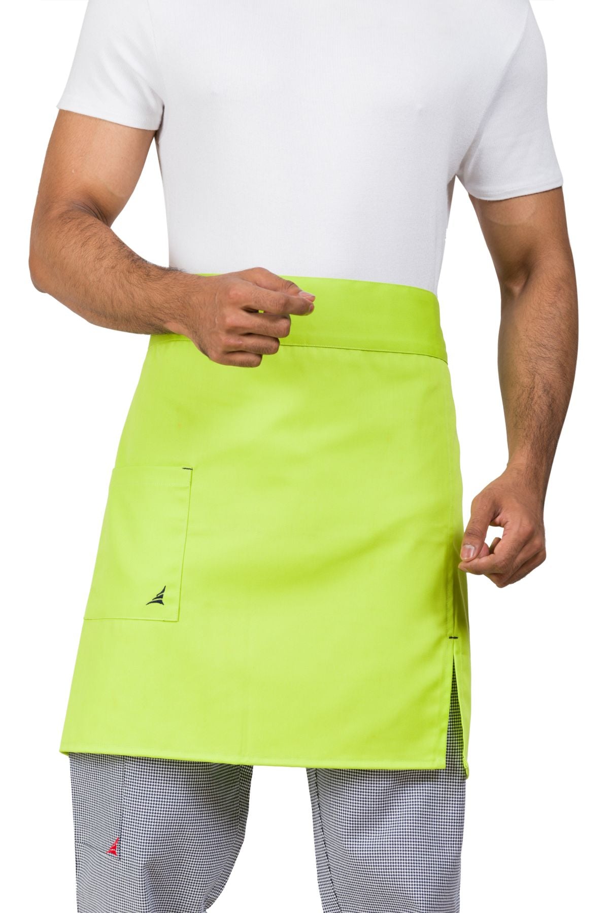 Man wearing lime green waist apron with front pocket and side slit over checkered pants and white shirt