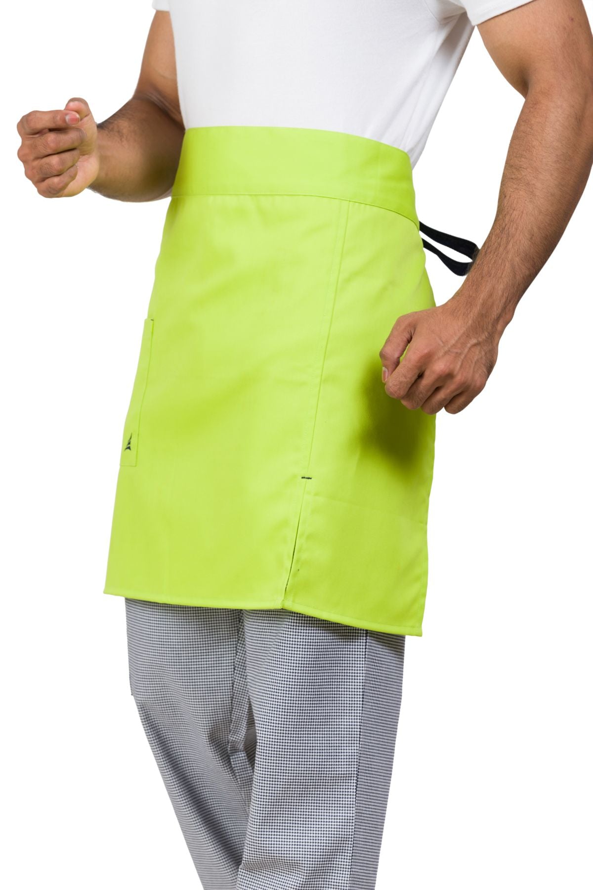 Man wearing lime green cotton blend twill waist apron with front pocket and black tie straps over checkered pants