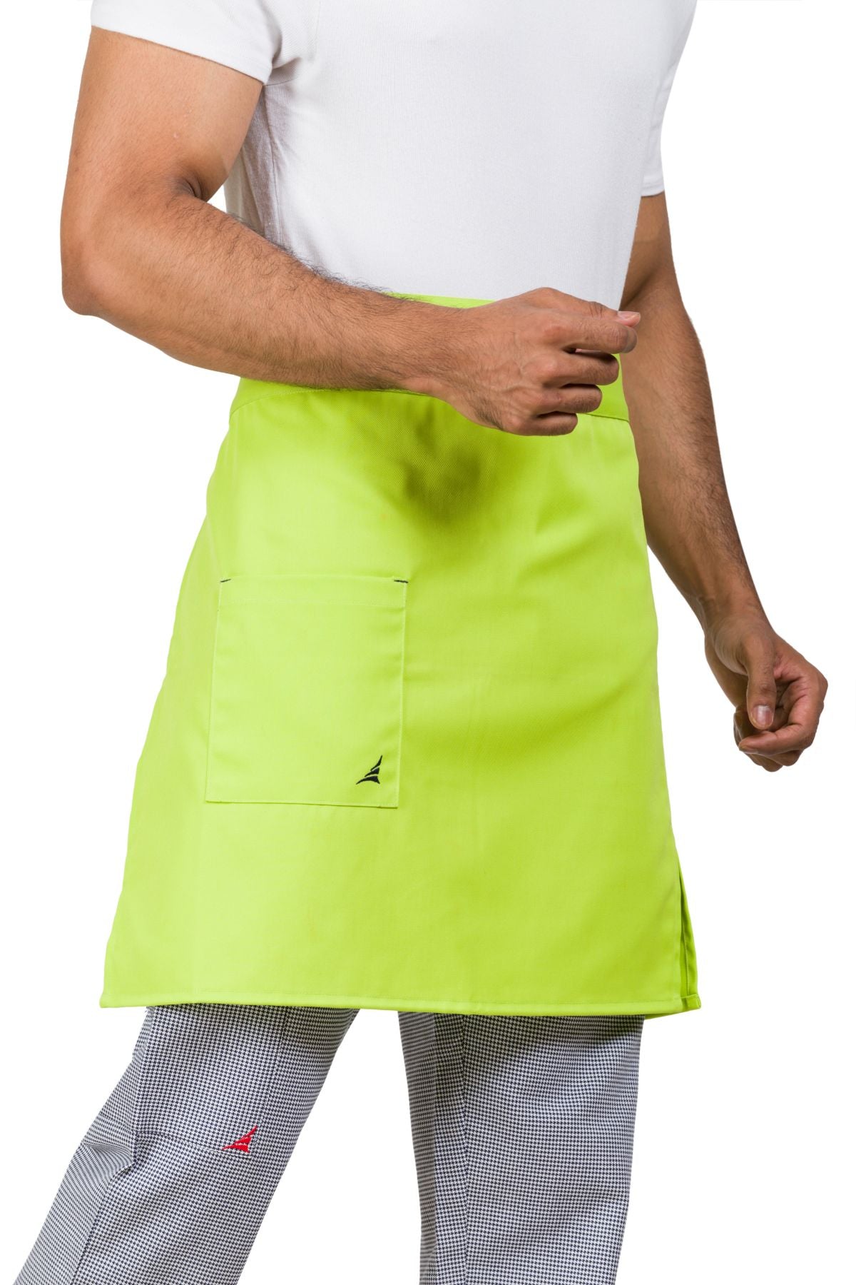 Man wearing lime green cotton blend twill waist apron with front pocket and black logo embroidery, paired with checkered