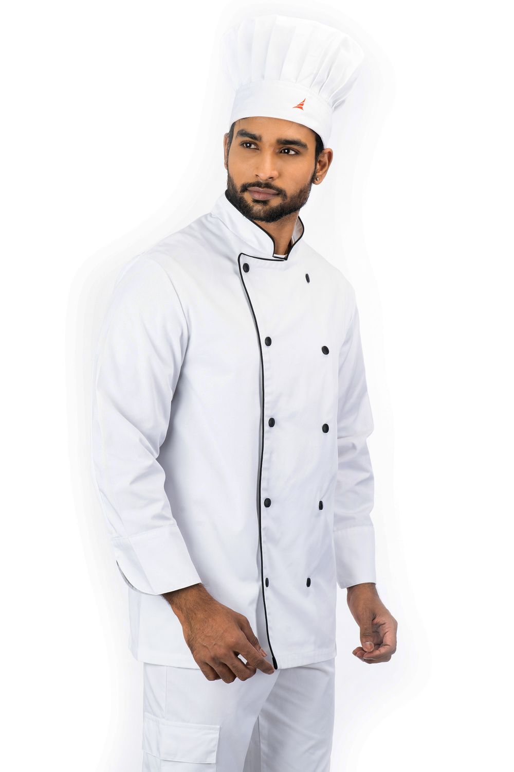 Aristo Chef Jacket, All White, Cotton Blend Twill, features black piping and buttons, suitable for food service uniforms.