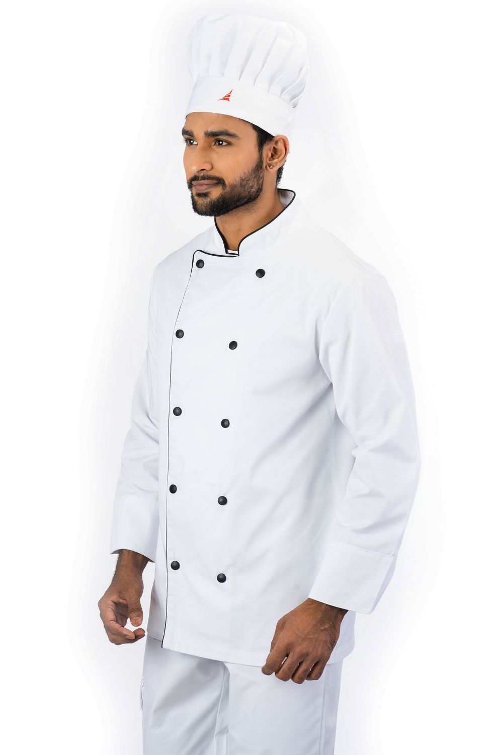 Aristo Chef Jacket All White, cotton blend twill, features black buttons and a matching chef hat.