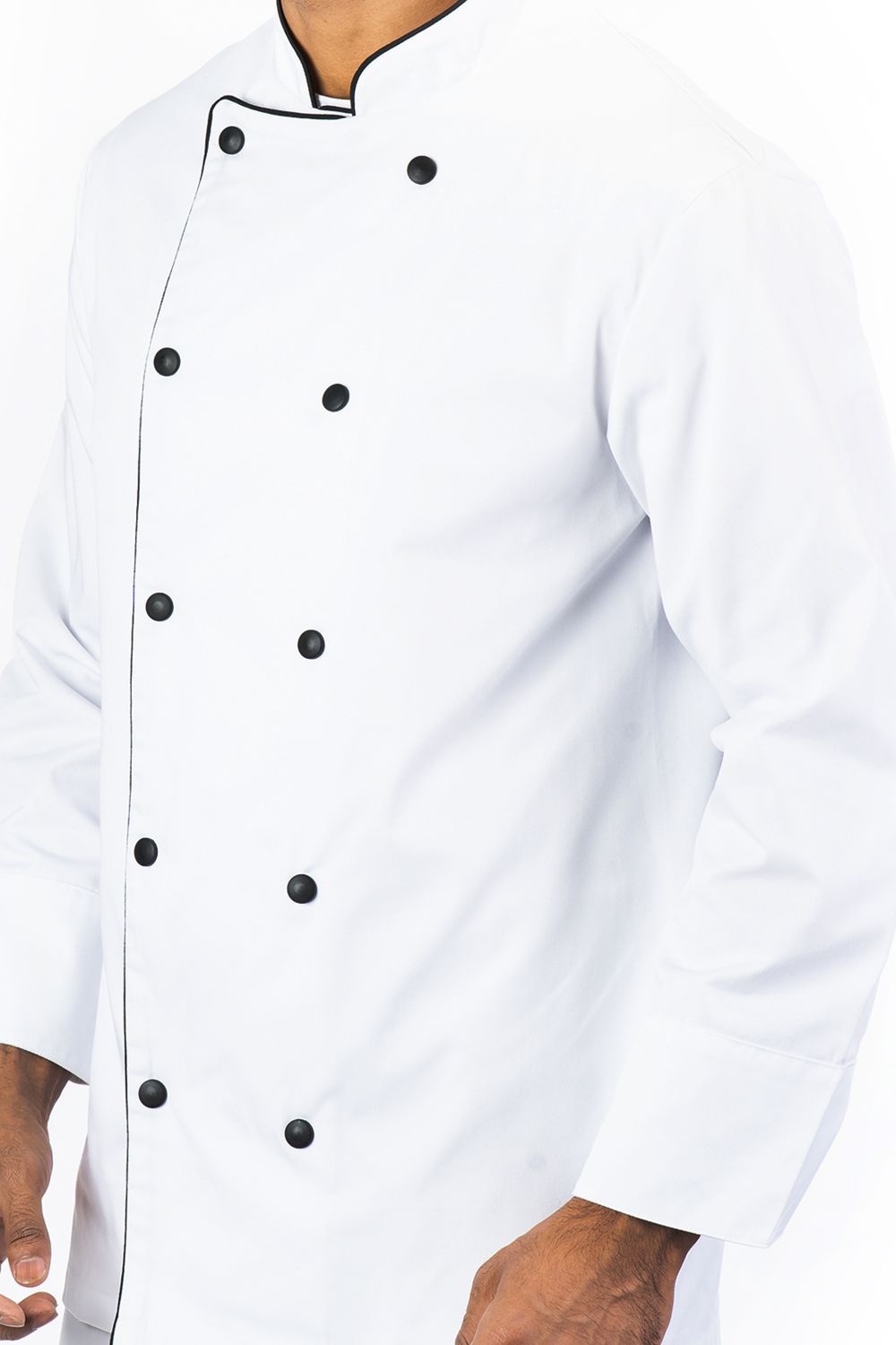 Aristo Chef Jacket, All White, cotton blend twill, featuring black buttons and a mandarin collar.