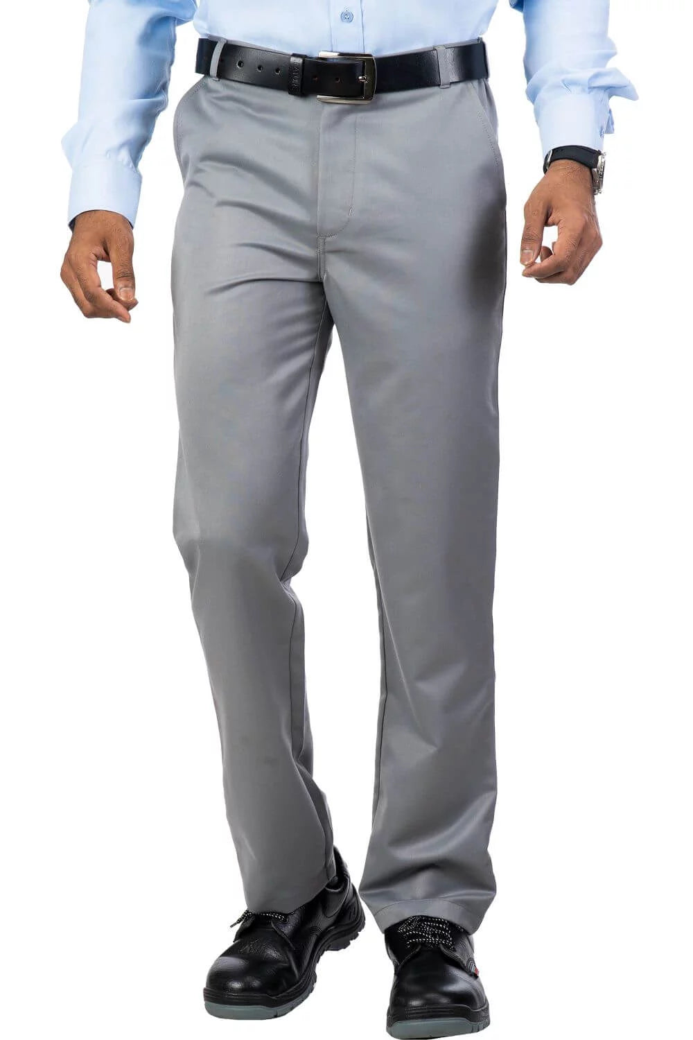Man wearing grey Hudson classic fit formal trousers in polyester viscose blend, paired with black belt and black shoes