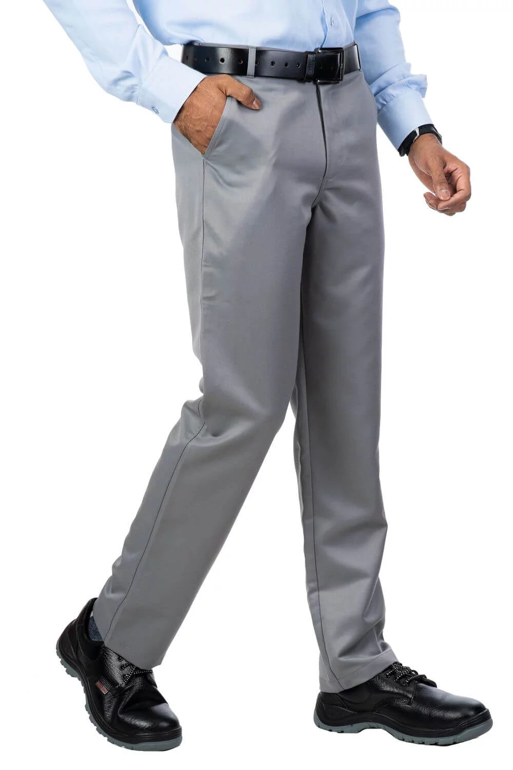 Men's gray classic fit formal trousers in polyester viscose blend, worn with black belt and black shoes, front side view