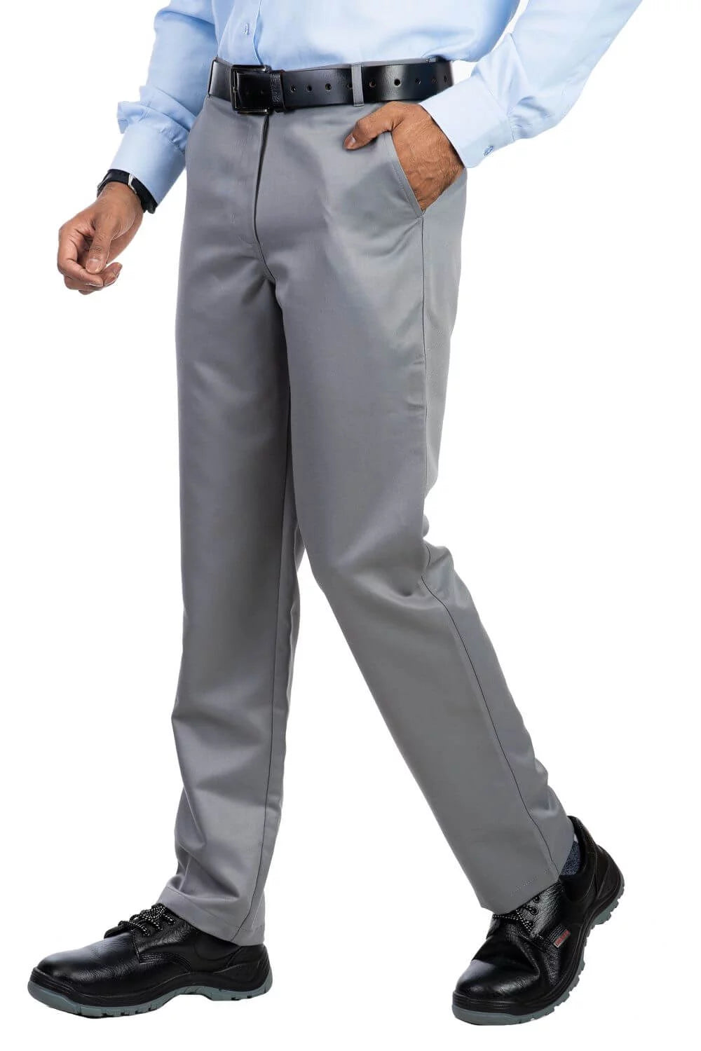 Man wearing light gray Hudson classic fit formal trousers with side pockets, paired with black belt and black shoes, front