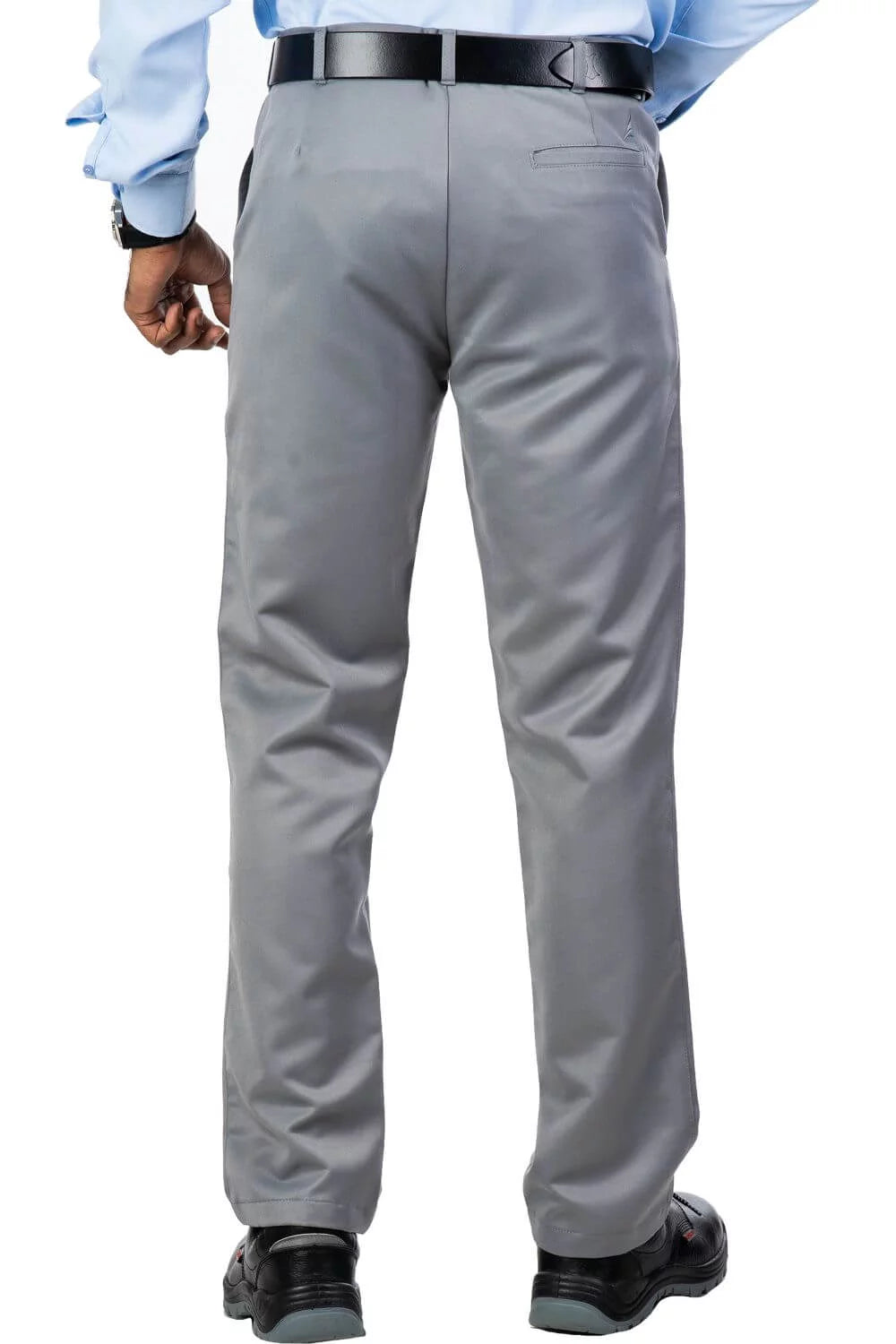 Men's gray classic fit formal trousers in polyester viscose blend, shown from back, worn with black belt and shoes