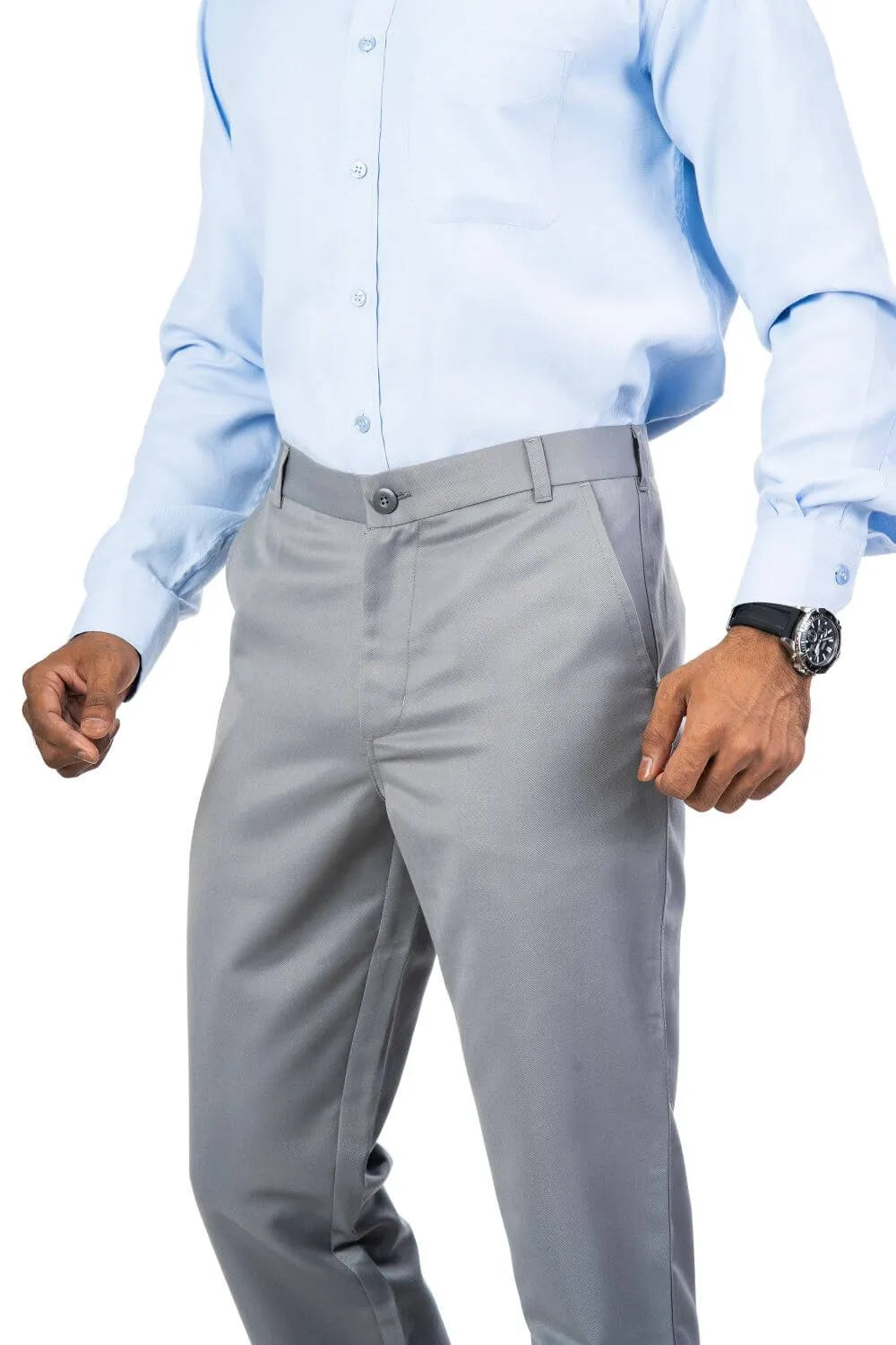 Man wearing light gray Hudson classic fit formal trousers with side pockets and a light blue button-up shirt