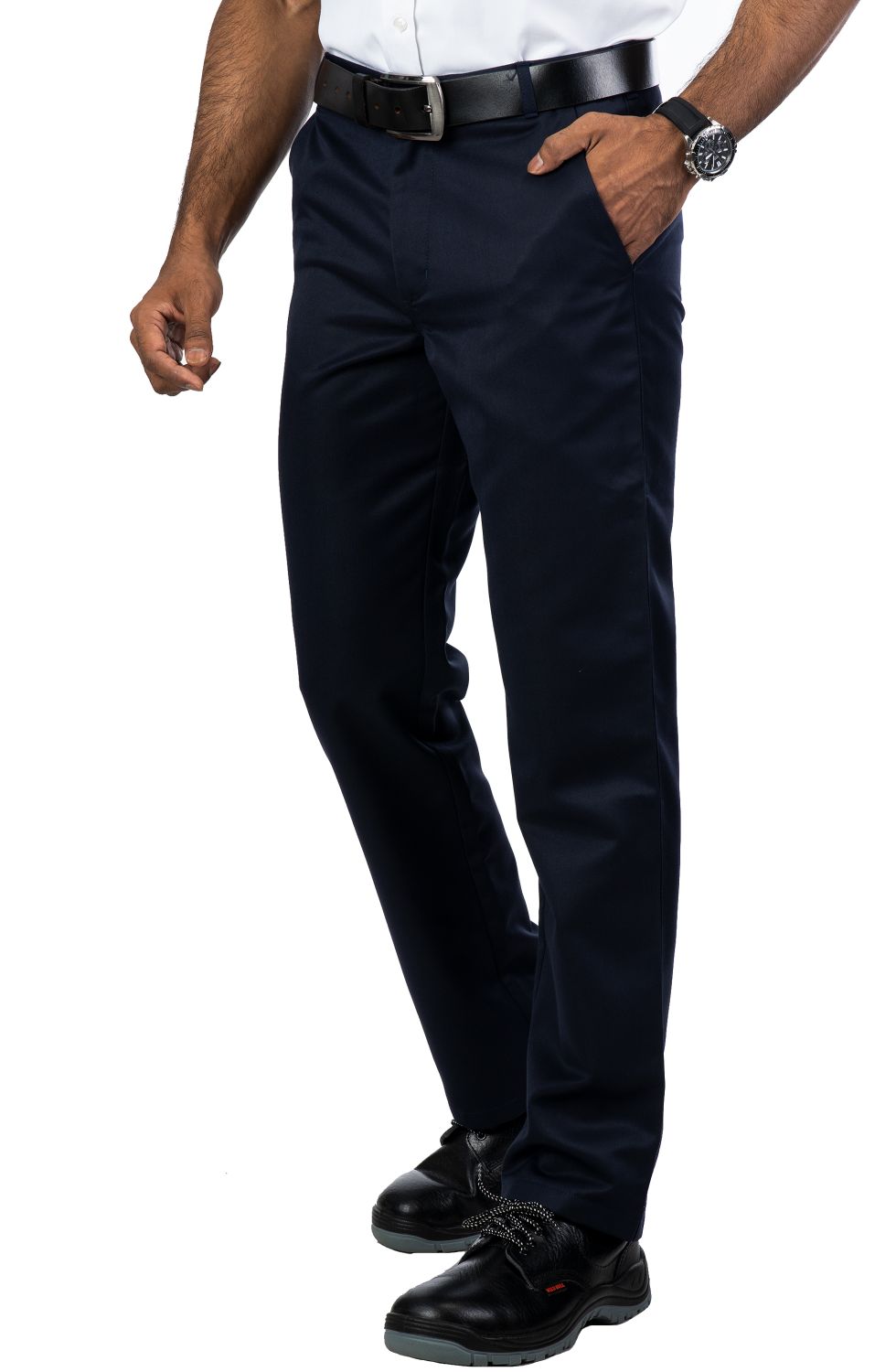 Hudson Classic Fit Formal Trousers in navy, made from a polyester-viscose blend, featuring side pockets and a tailored fit.