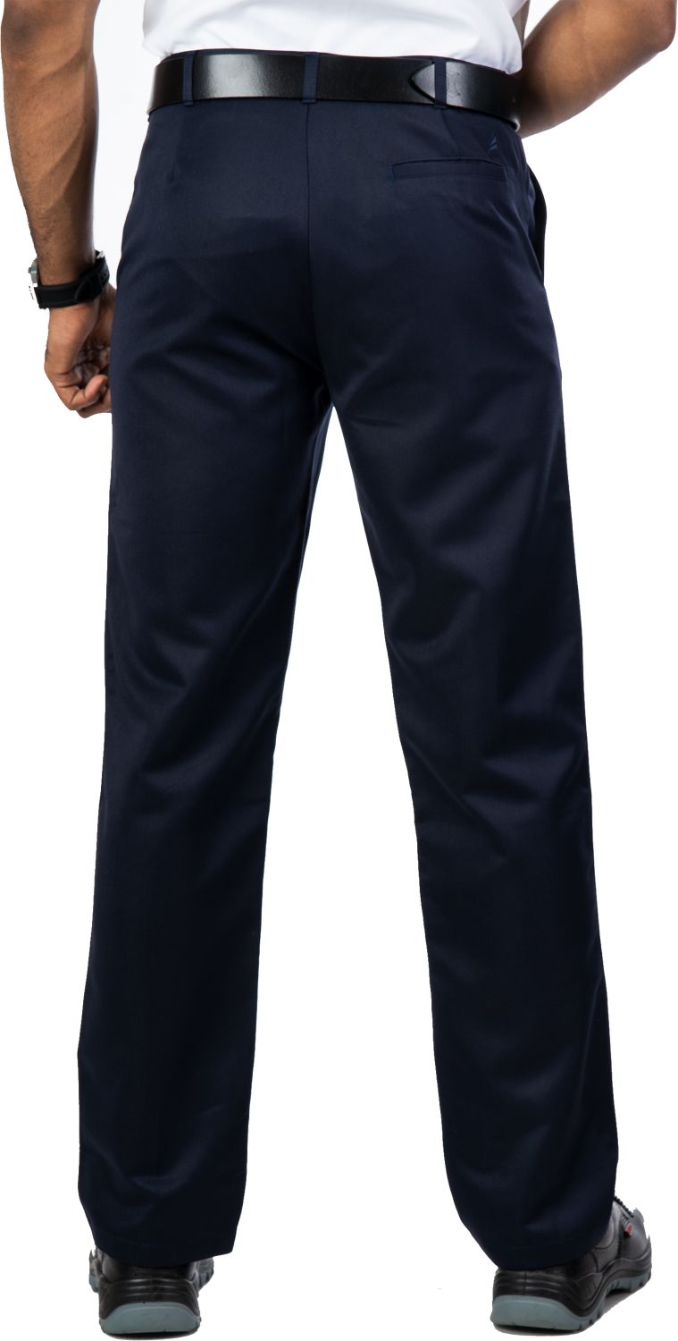 Hudson Classic Fit Formal Trousers in navy, made from a polyester-viscose blend, featuring a back pocket and belt.