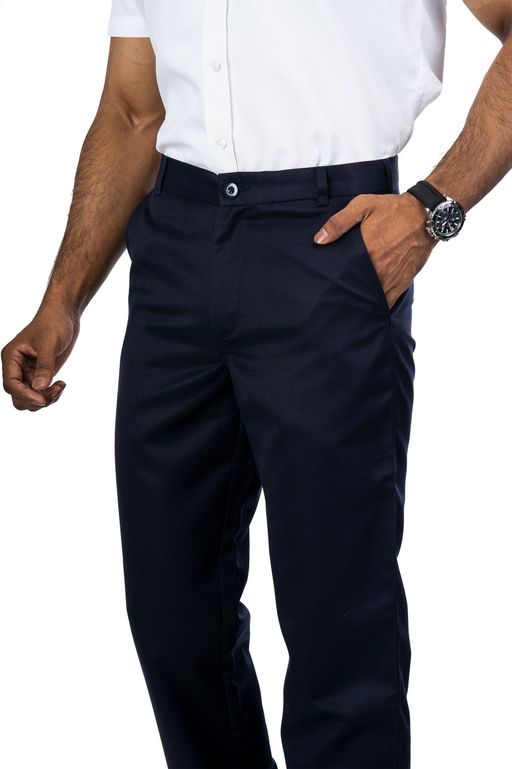 Hudson Classic Fit Formal Trousers in navy, made from a polyester-viscose blend, featuring side pockets and a button closure.