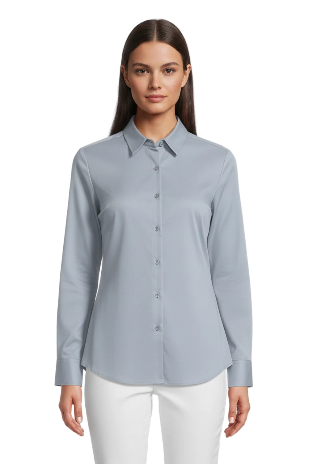Woman wearing a classic fit full sleeve formal shirt in light gray with button front and pointed collar, front view