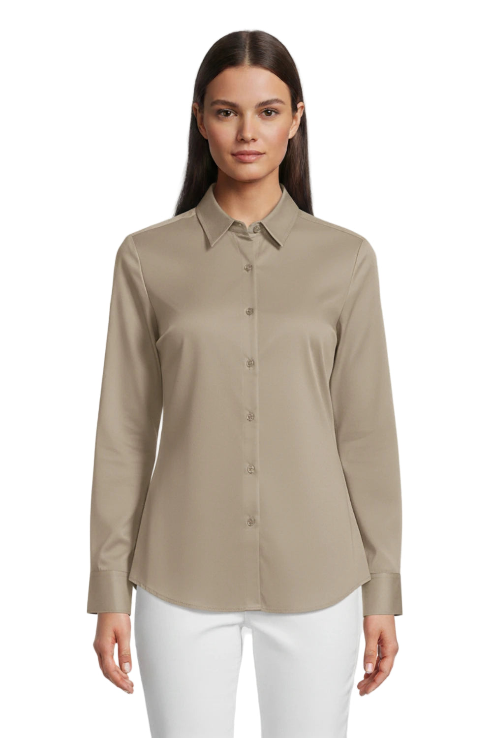 Women’s classic fit full sleeve formal shirt in beige, buttoned front, pointed collar, worn by model front view