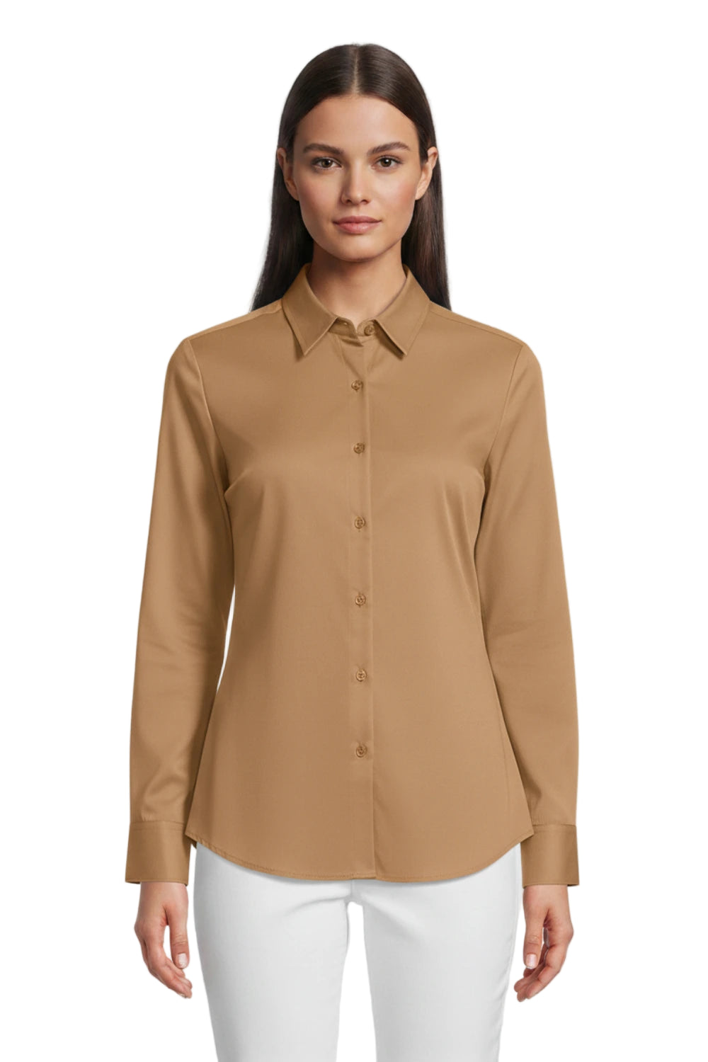 Woman wearing a camel brown classic fit full sleeve formal shirt with button front and pointed collar, front view