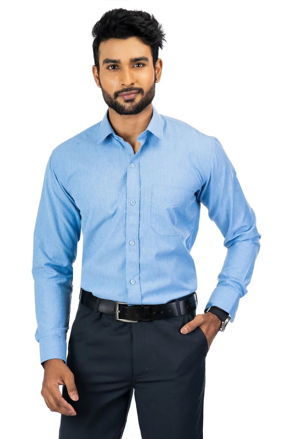 Torino Classic Fit Shirt in light blue, cotton-rich fabric, featuring long sleeves and a chest pocket.