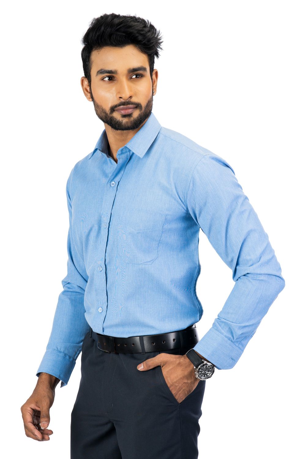 Torino Classic Fit Shirt in cotton-rich fabric, light blue color, featuring a chest pocket and button-down collar.