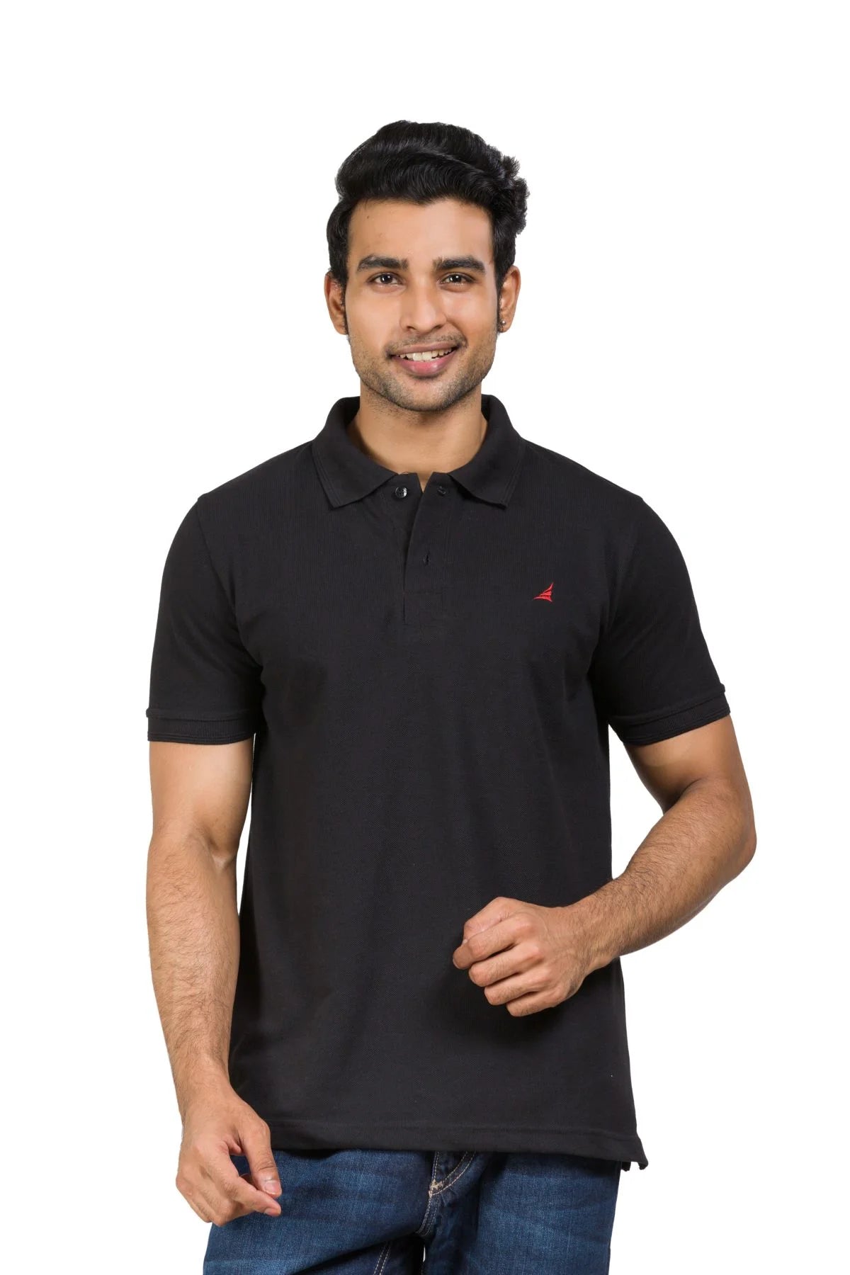 Alamo Men's Classic Fit Cotton Rich Polo T-shirt in black, featuring a red logo, worn by a smiling man.