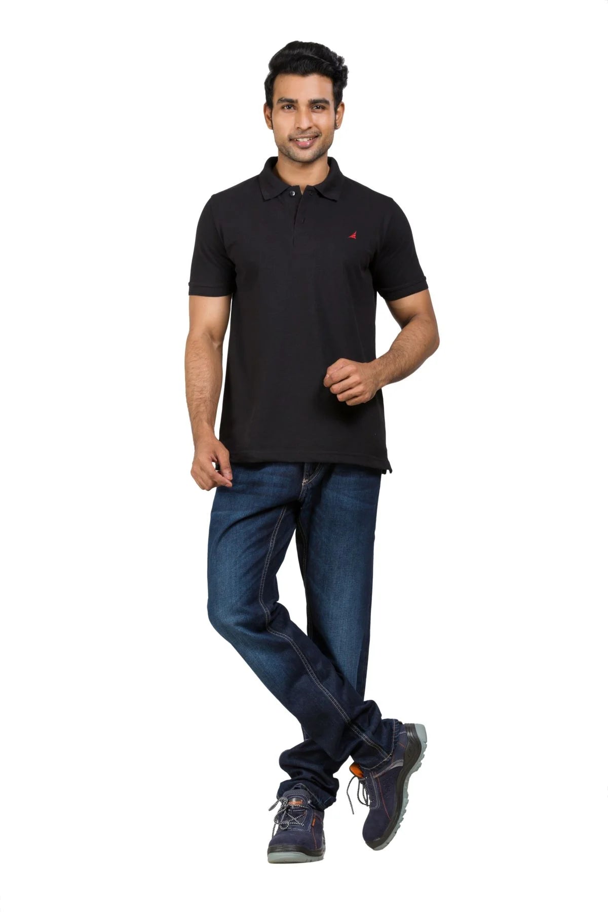 Alamo Men's Classic Fit Cotton Rich Polo T-shirt in black, featuring a collar and short sleeves, worn with jeans.