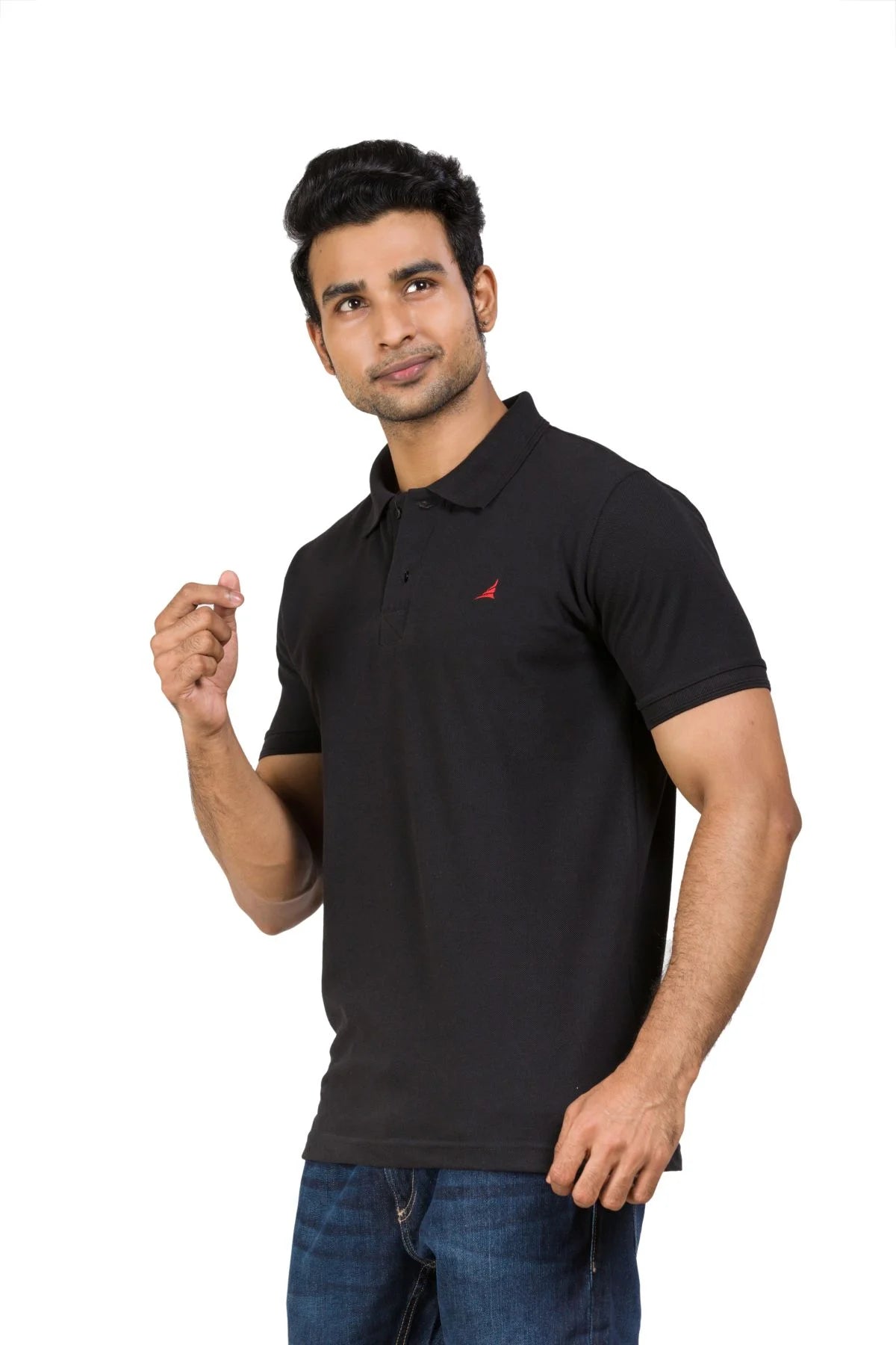 Alamo Men's Classic Fit Cotton Rich Polo T-shirt in black, featuring a small red logo, worn by a model.