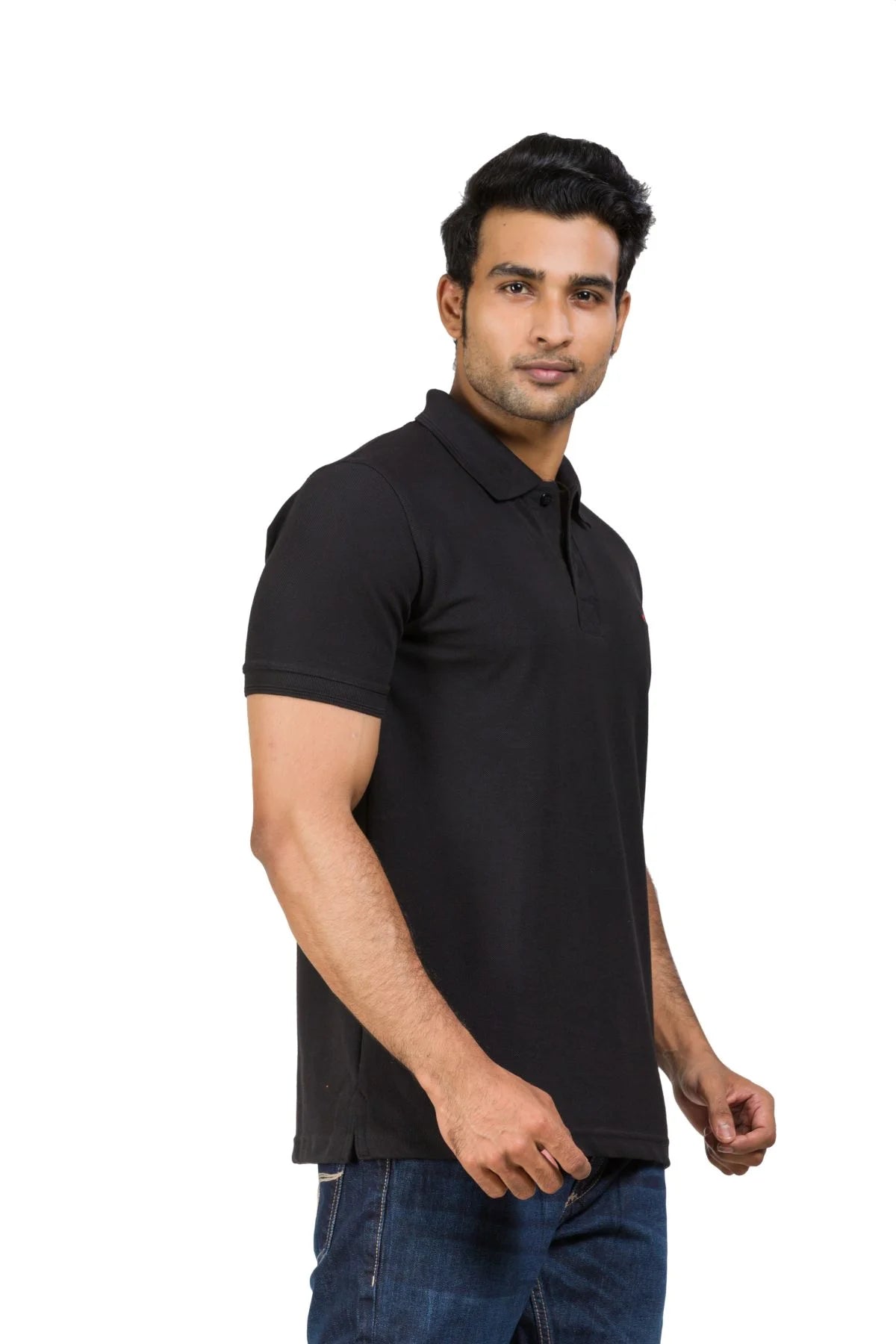 Alamo Men's Classic Fit Cotton Rich Polo T-shirt in black, featuring a collar and short sleeves, model wearing size not specified.
