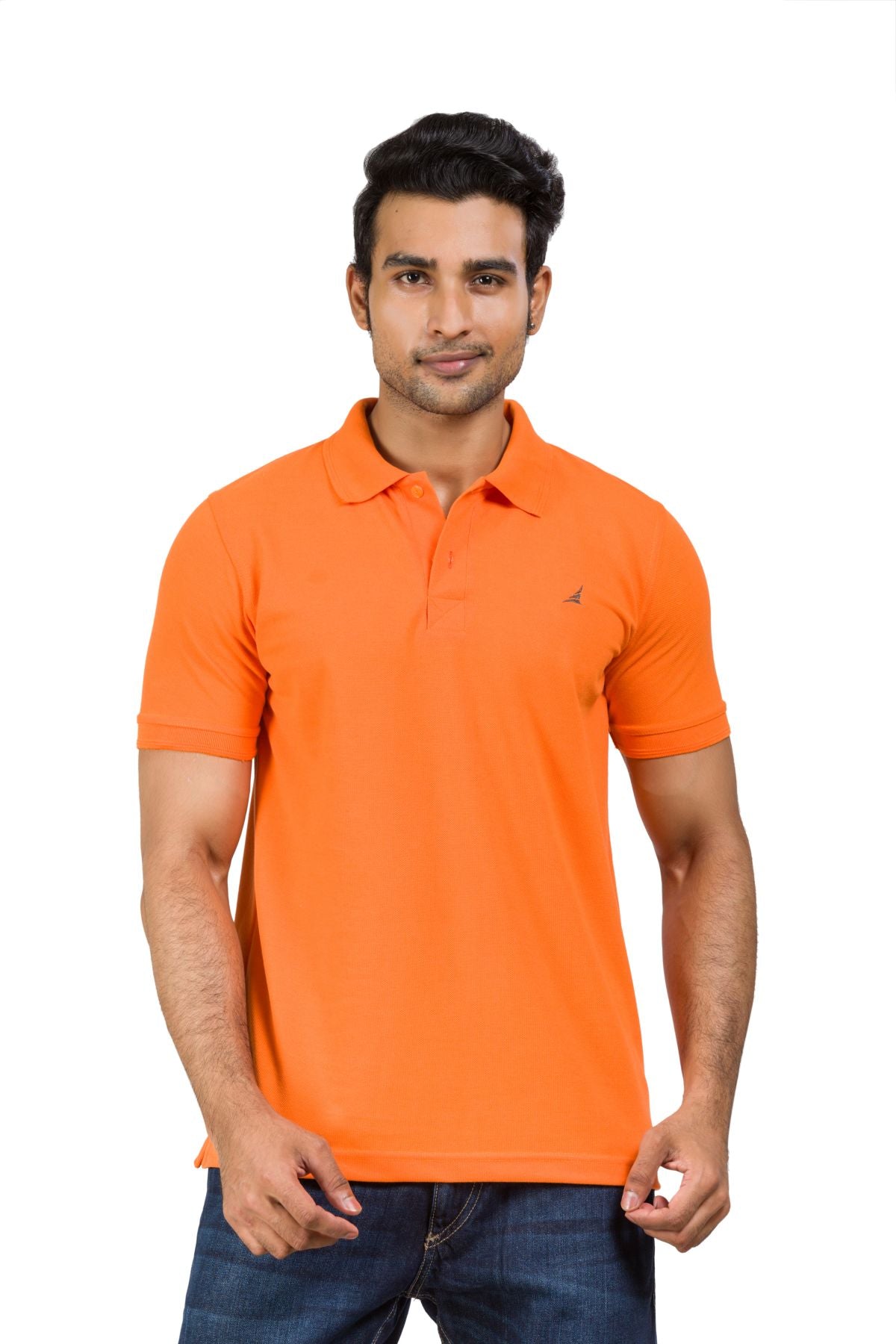 A man wearing a solid orange polo t-shirt with a polo neck and a two-button placket.
