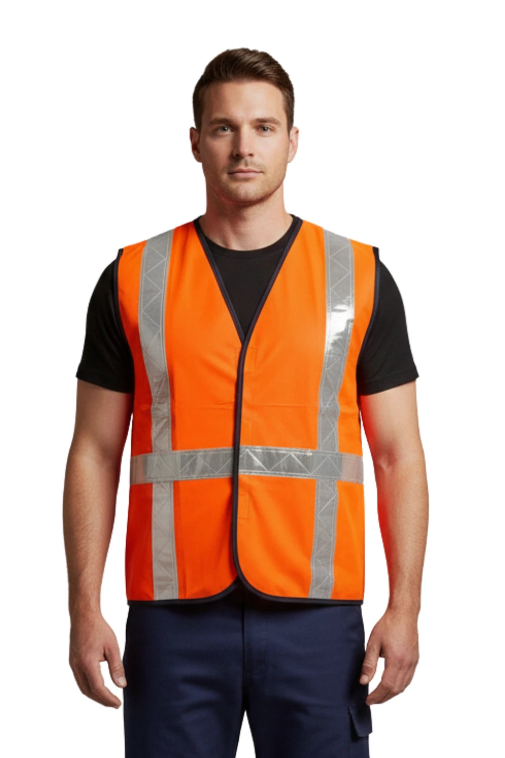 Man wearing an orange industrial hi-visibility vest with silver reflective tapes over a black shirt, front view
