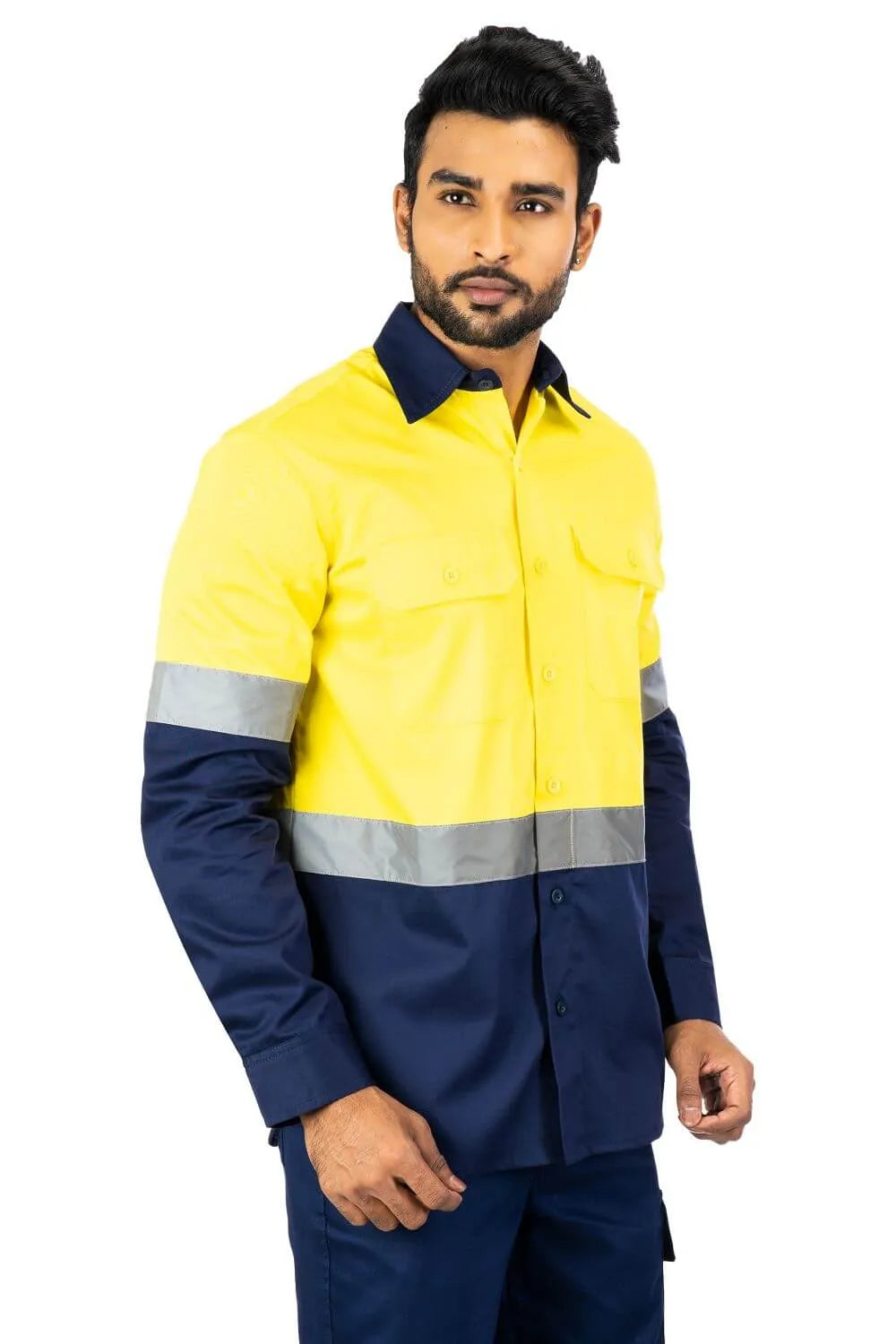 Buzzard Industrial Work Shirt, reflective PC blend twill, yellow and navy, features two chest pockets, long sleeves.