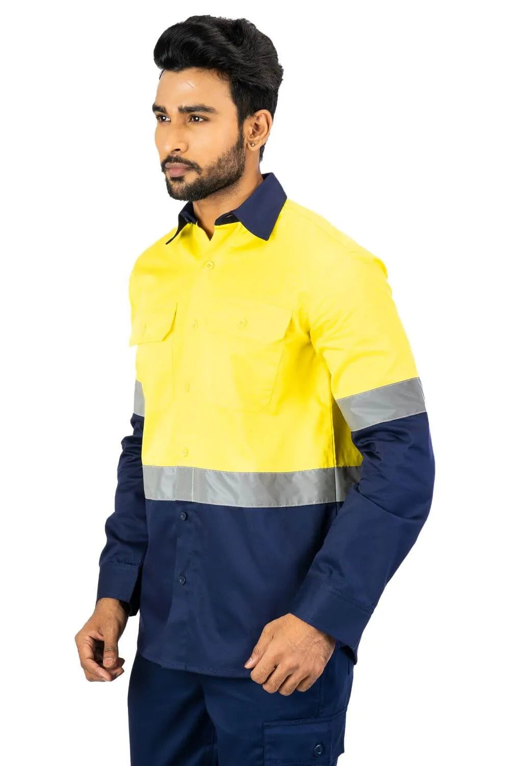 Buzzard Industrial Work Shirt, reflective PC blend twill, yellow and navy, features two front pockets and long sleeves.