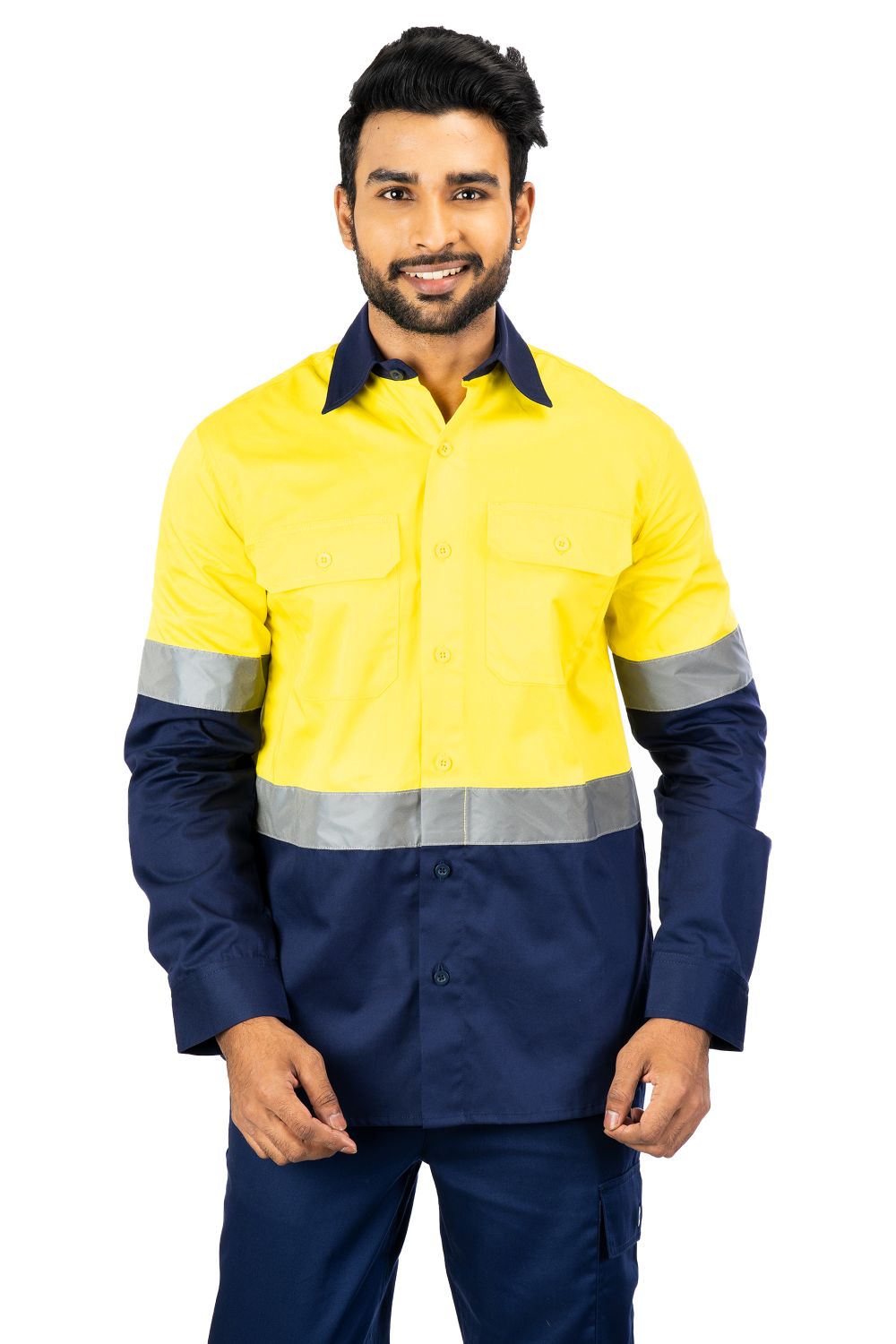 Buzzard Industrial Work Shirt, reflective PC blend twill, yellow and navy, features two chest pockets and long sleeves.