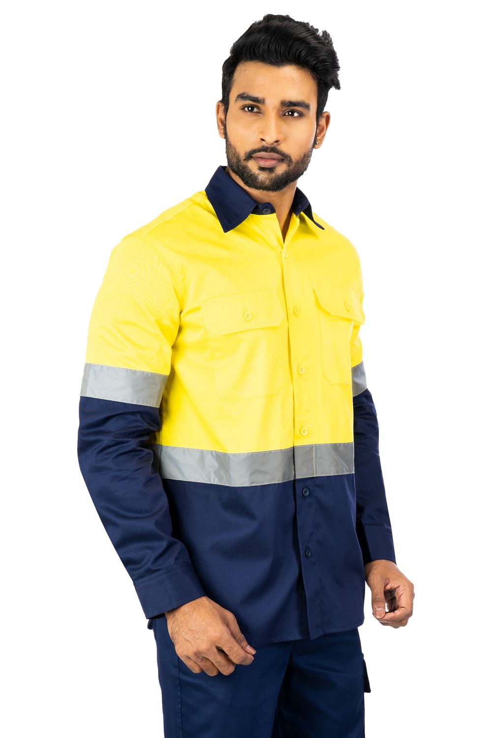 Buzzard Industrial Work Shirt, reflective PC blend twill, yellow and navy, features two chest pockets, long sleeves.