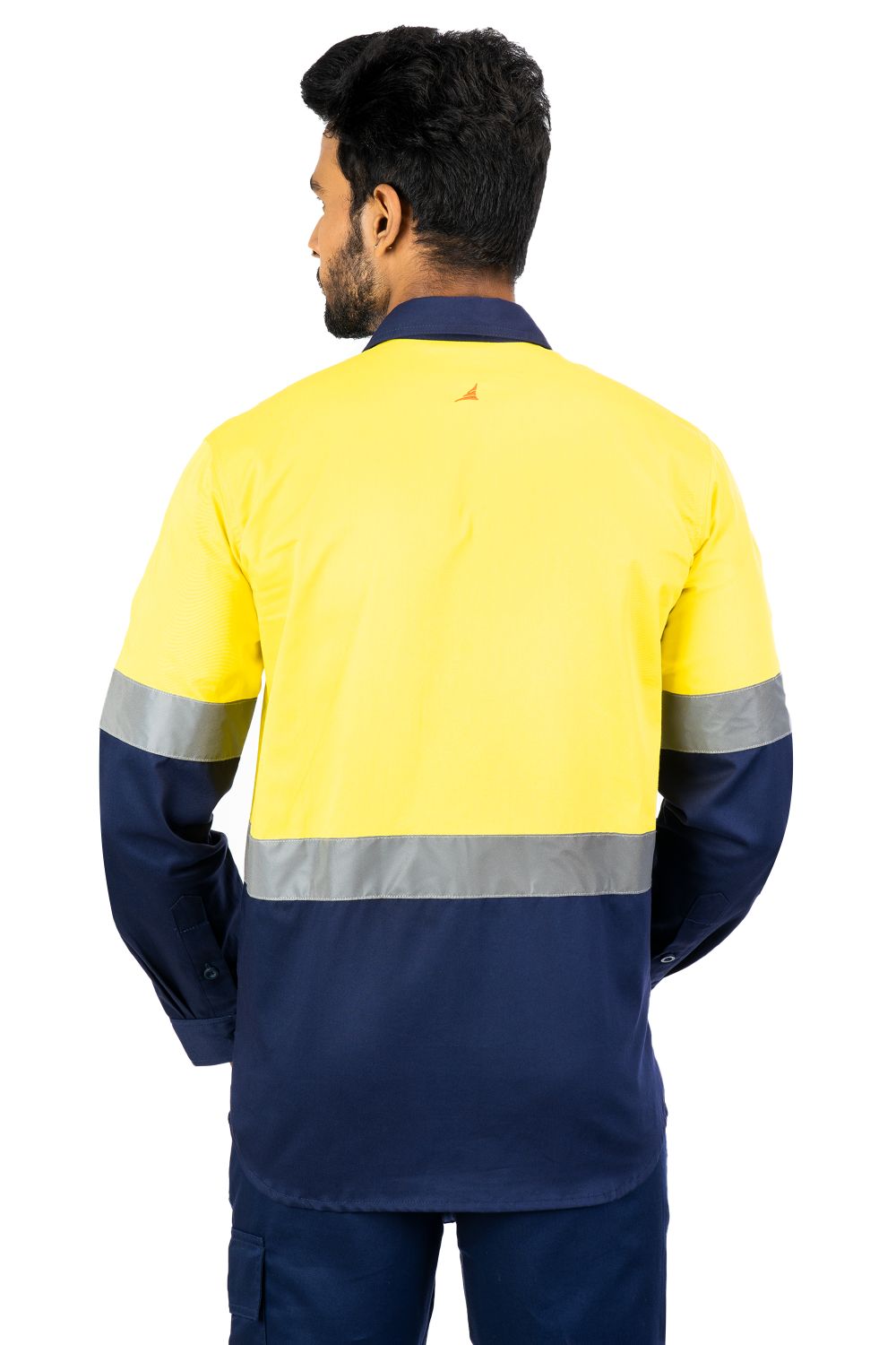 Buzzard Industrial Work Shirt, Reflective-PC Blend Twill, yellow and navy, features reflective stripes for visibility.