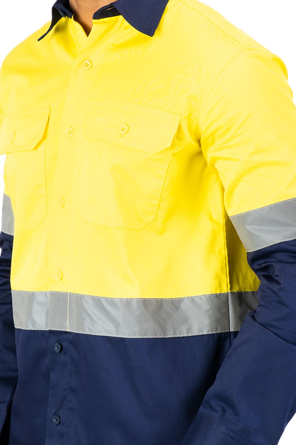 Buzzard Industrial Work Shirt, Reflective-PC Blend Twill, yellow and navy, features two chest pockets and reflective stripes.