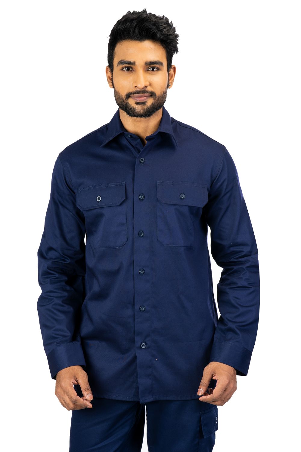 Man wearing navy blue Secura industrial work shirt with buttoned chest pockets, long sleeves, and collar, front view