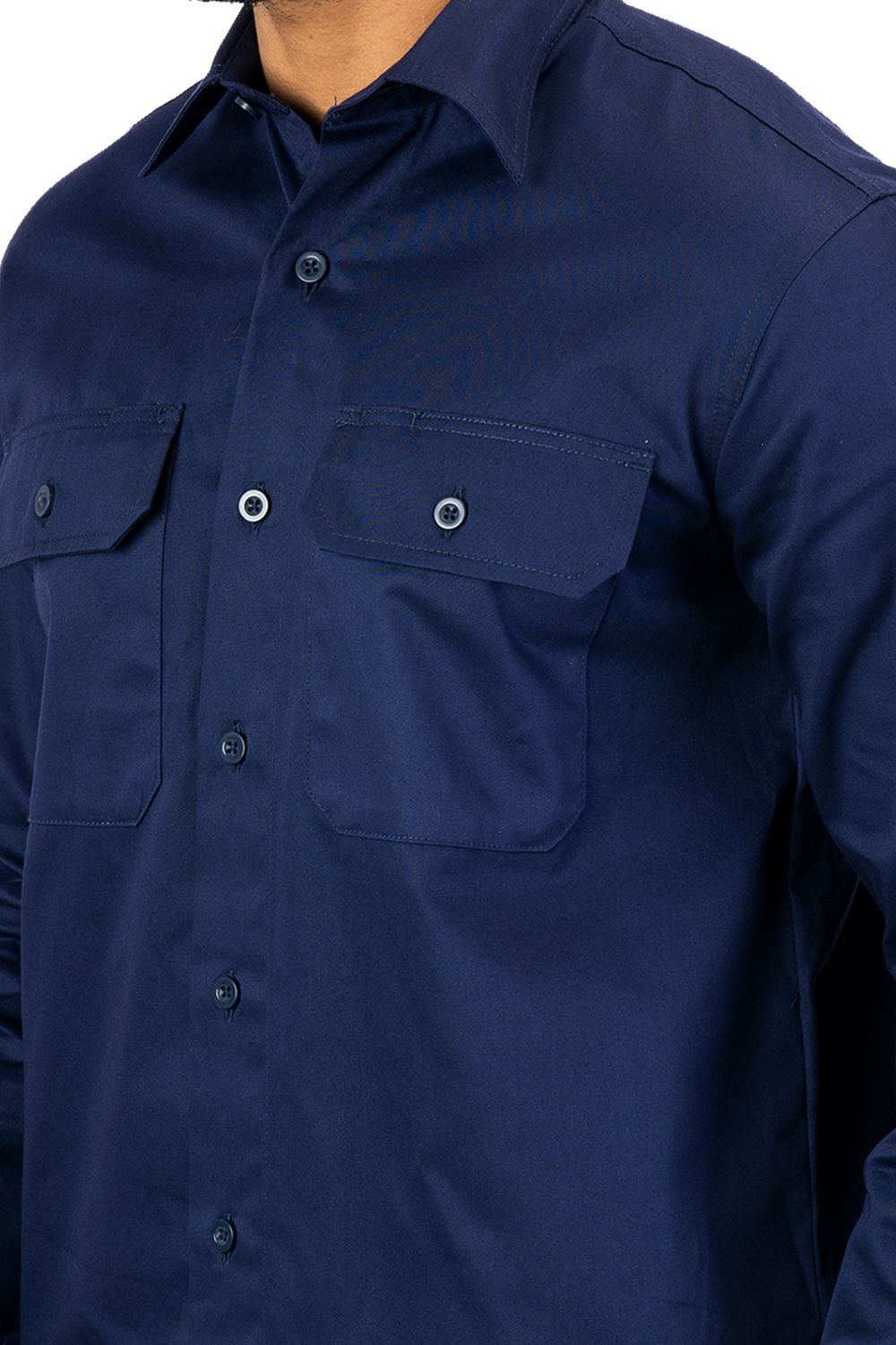 Navy blue Secura industrial work shirt with button front and two button-flap chest pockets, worn by model