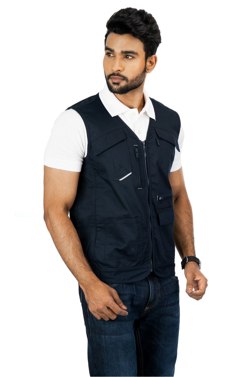 Atlanta Multi-Utility Vest, reflective cotton blend twill, navy, features multiple pockets and a zippered front.